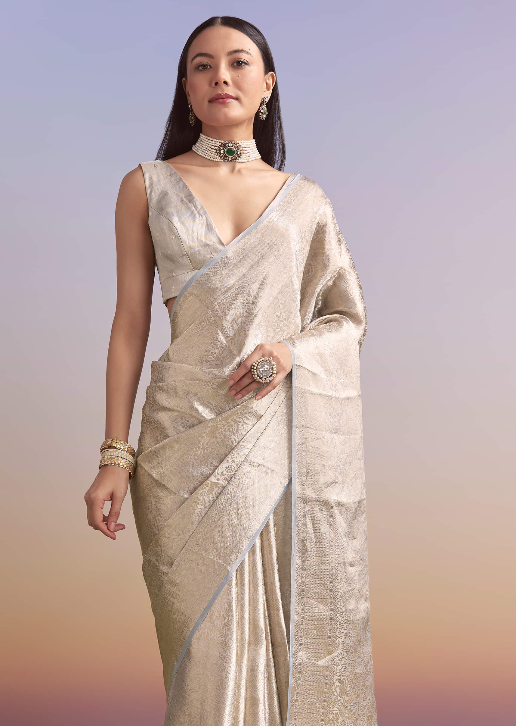 Powder Blue Chanderi Silk Woven Saree With Zari Embroidery - Image 5