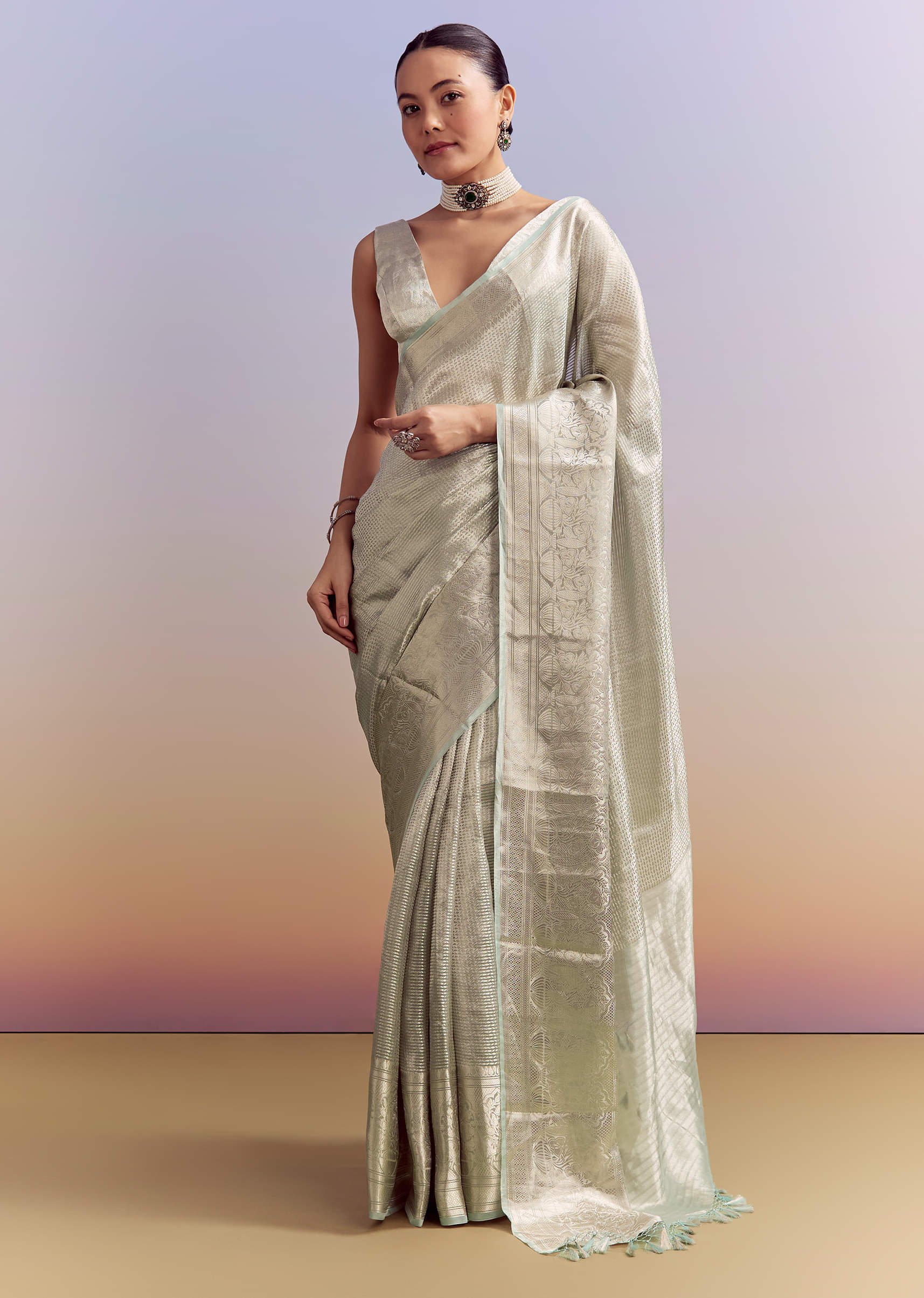 Powder Blue Chanderi Silk Woven Saree With Zari Work - Image 2
