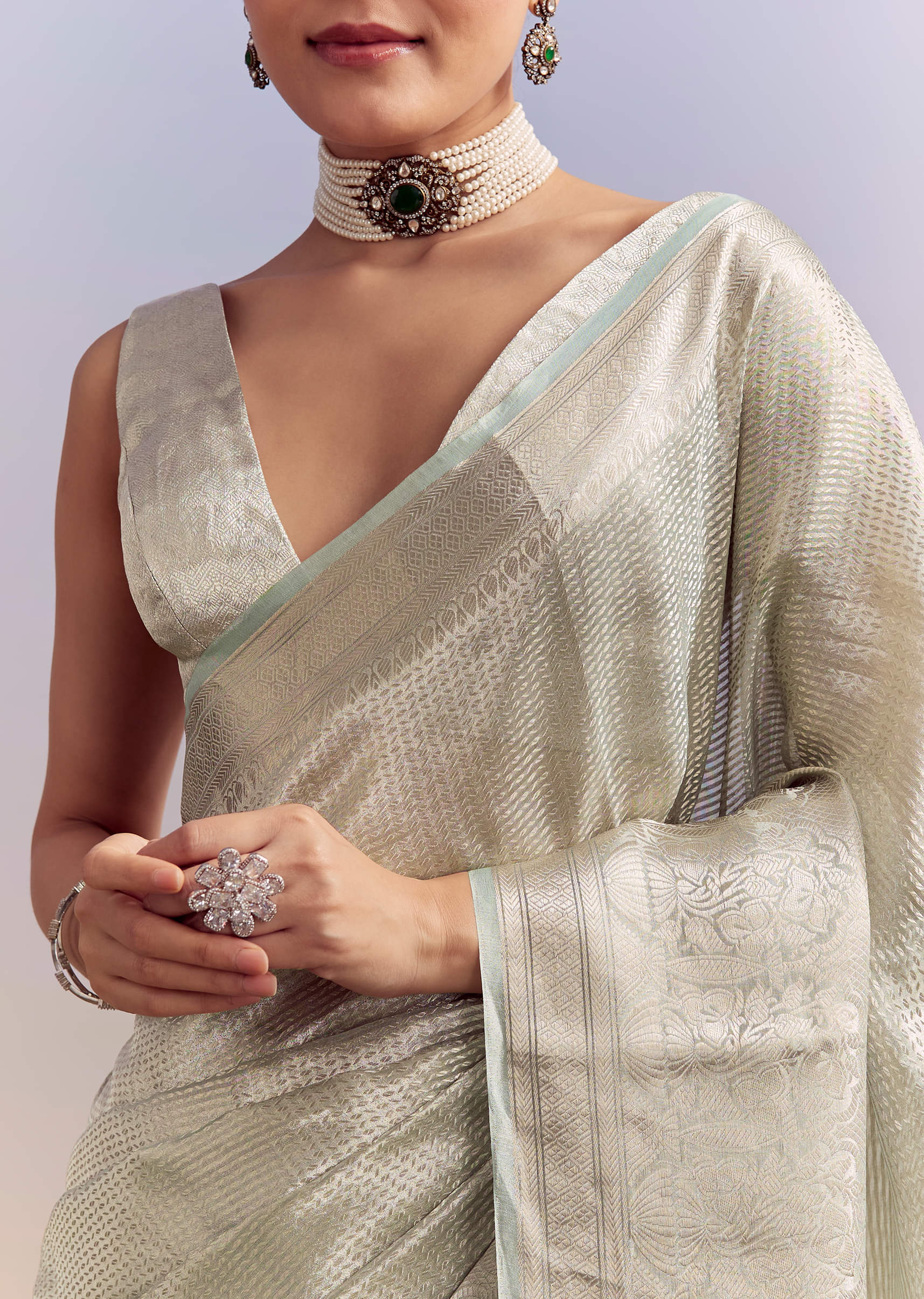 Powder Blue Chanderi Silk Woven Saree With Zari Work - Image 3