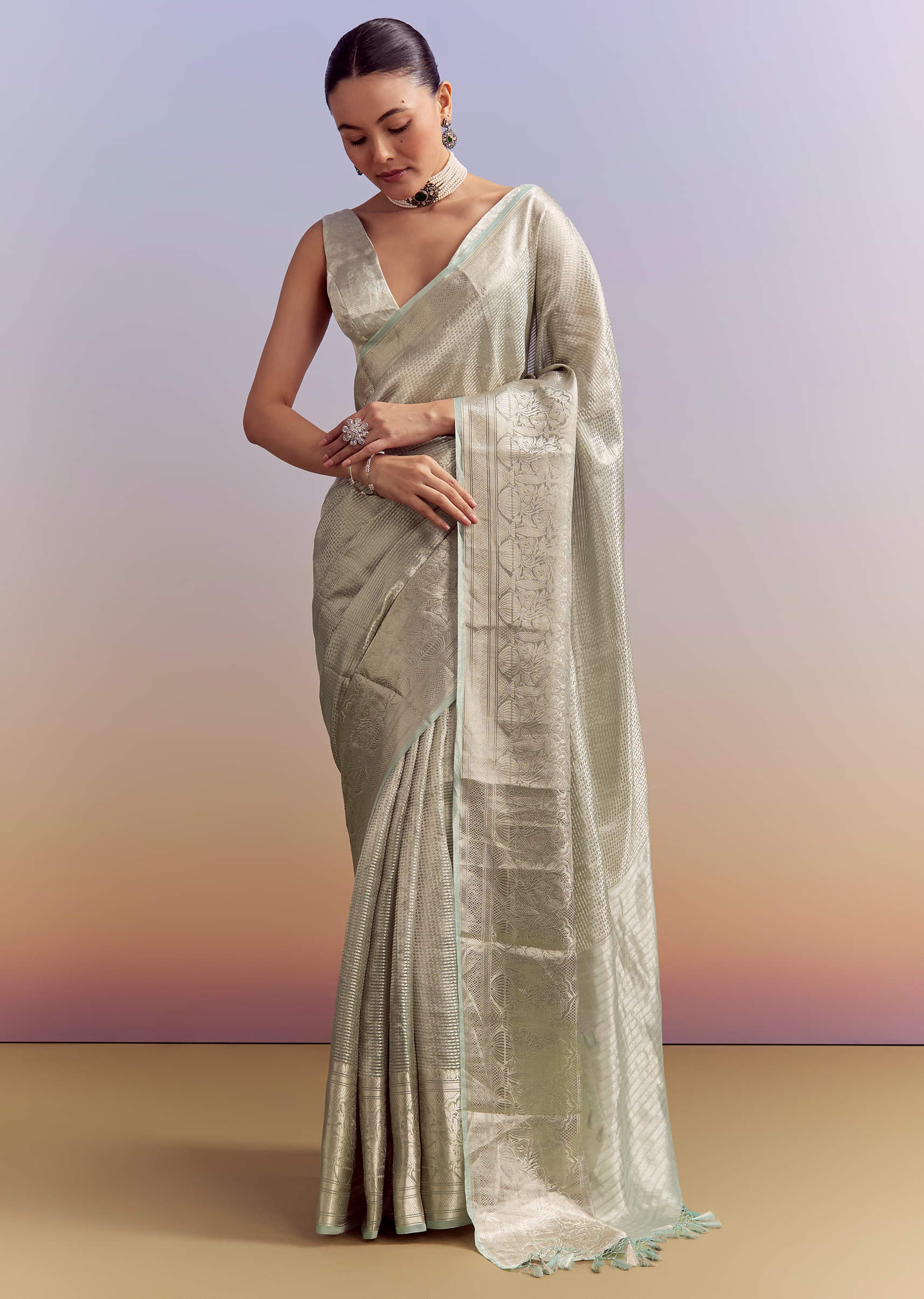 Powder Blue Chanderi Silk Woven Saree With Zari Work - Image 4
