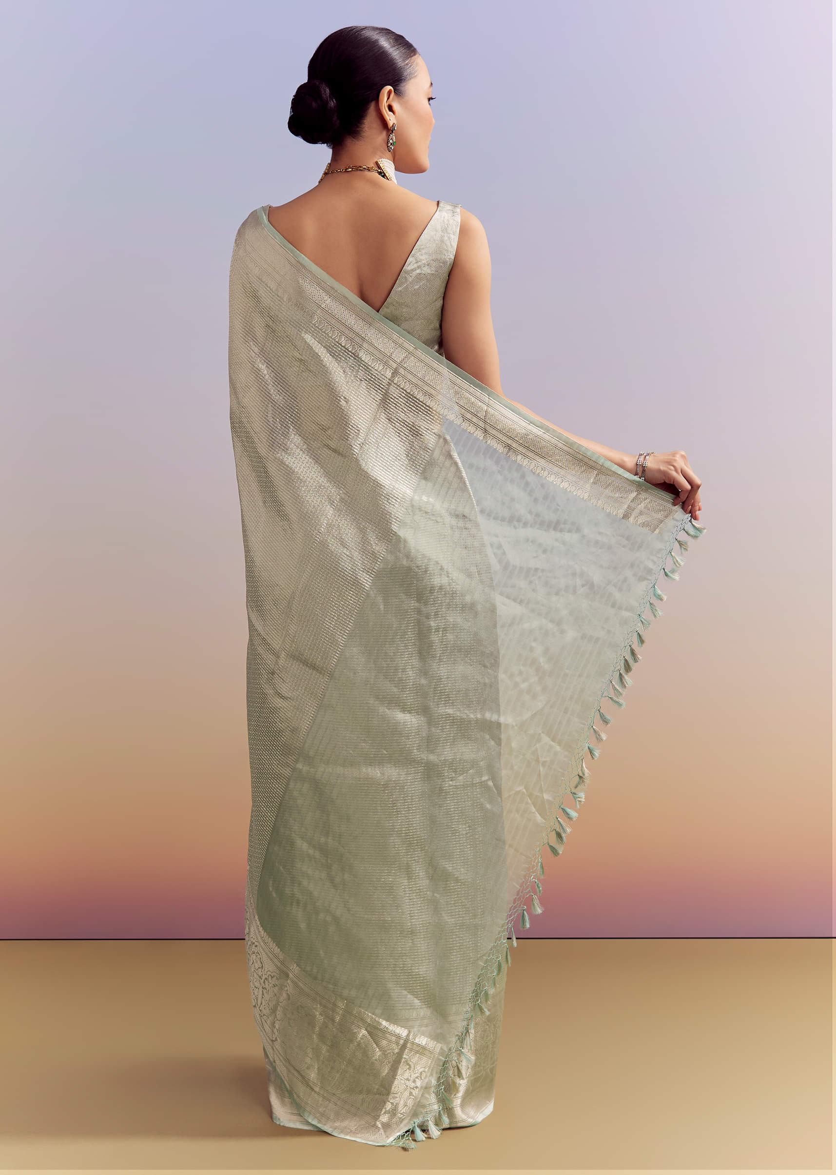 Powder Blue Chanderi Silk Woven Saree With Zari Work - Image 5