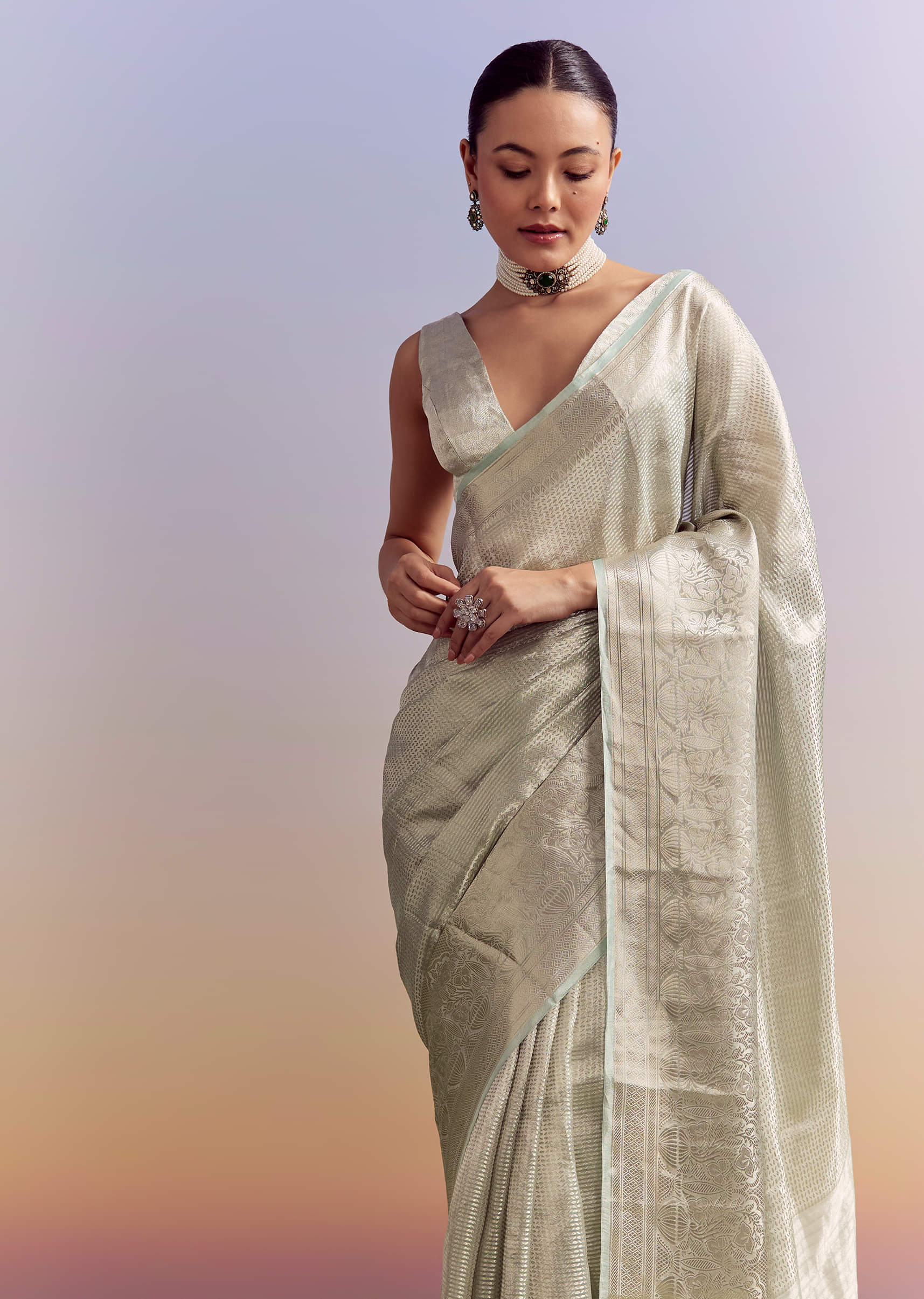 Powder Blue Chanderi Silk Woven Saree With Zari Work - Image 6