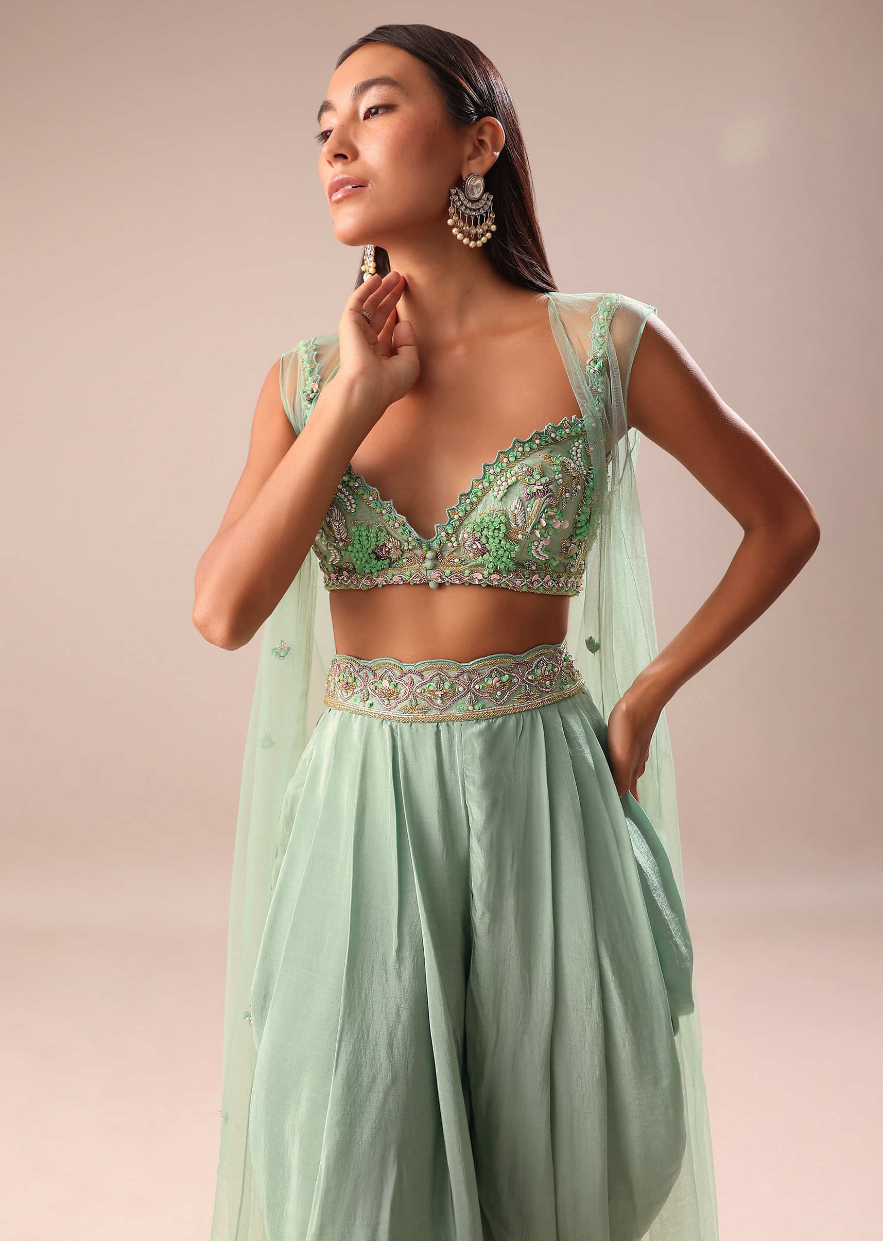 Powder Blue Dhoti And Jacket With Embroidered Blouse - Image 2