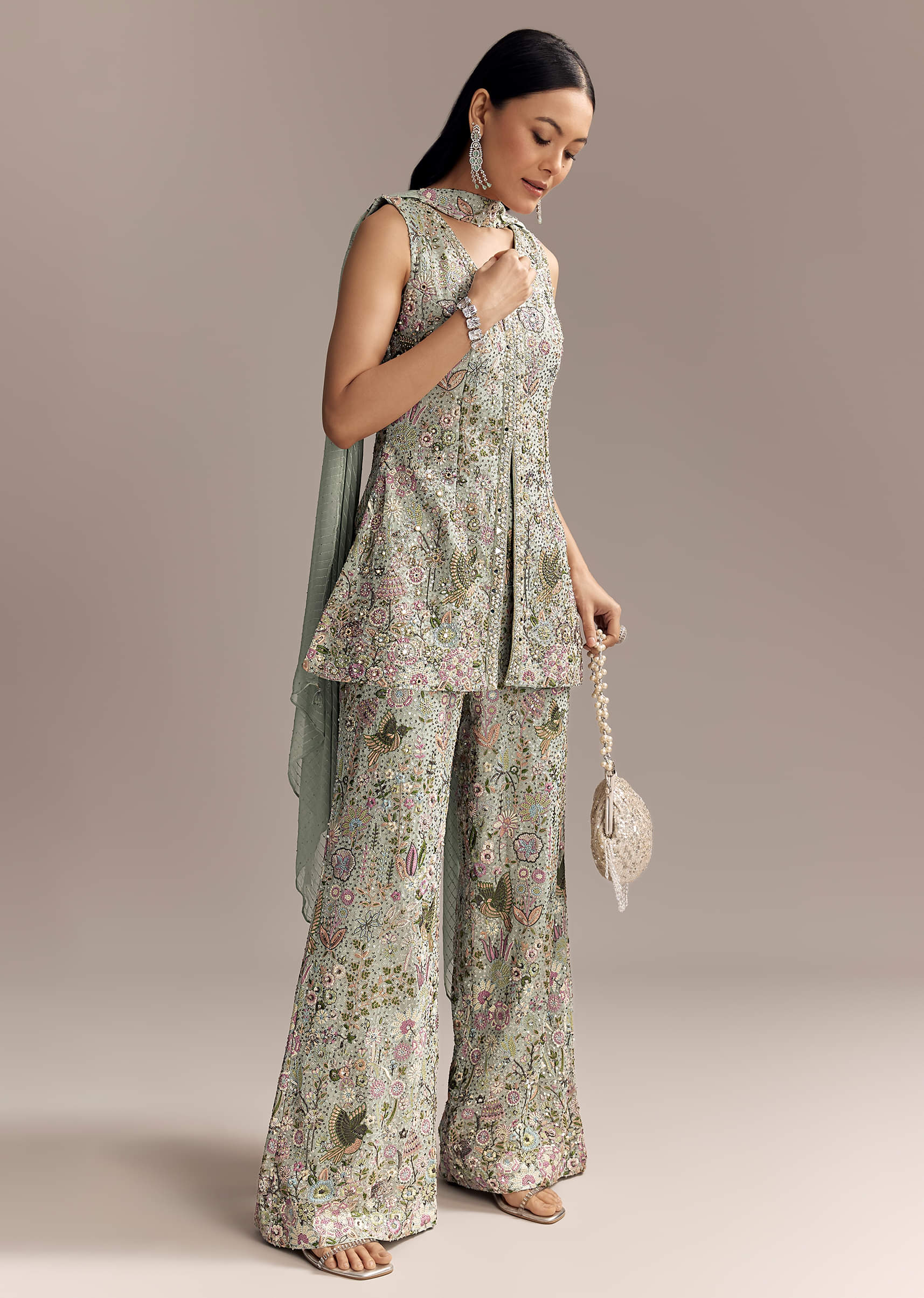 Powder Blue Georgette Palazzo Suit With Sequins And Resham Work - Image 4