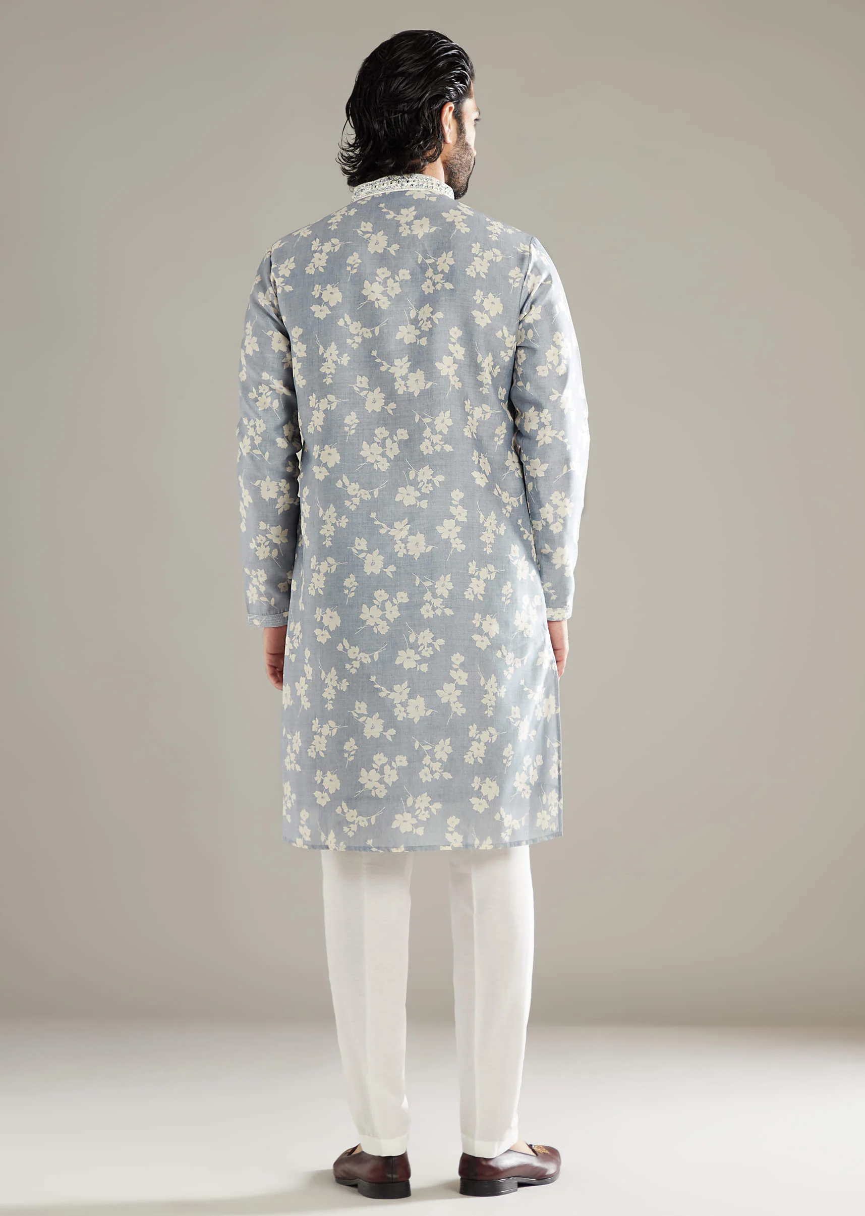 Powder Blue Kurta Set For Men With Floral Print And Mirror Work - Image 3