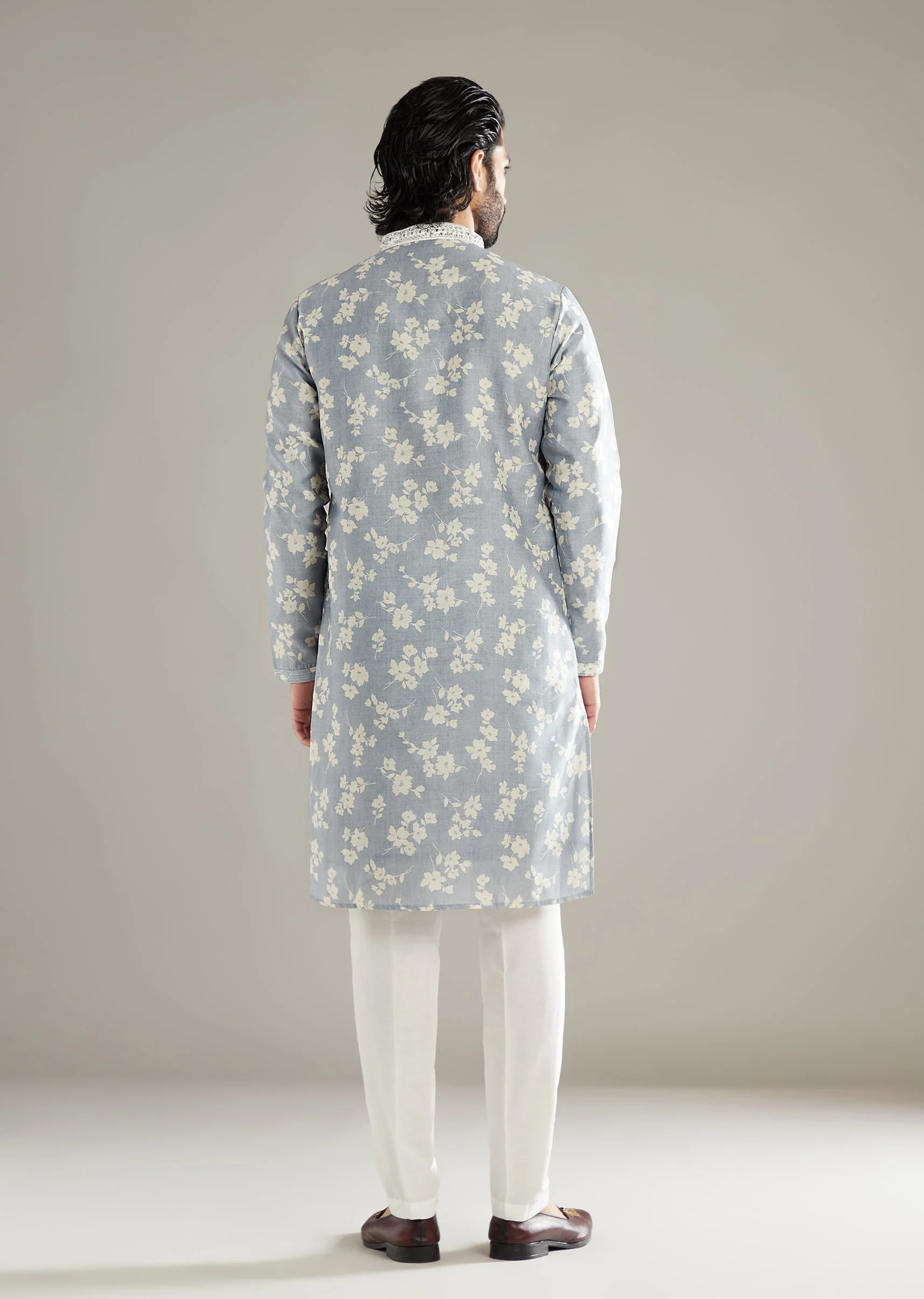 Powder Blue Kurta Set For Men With Floral Print And Mirror Work - Image 5