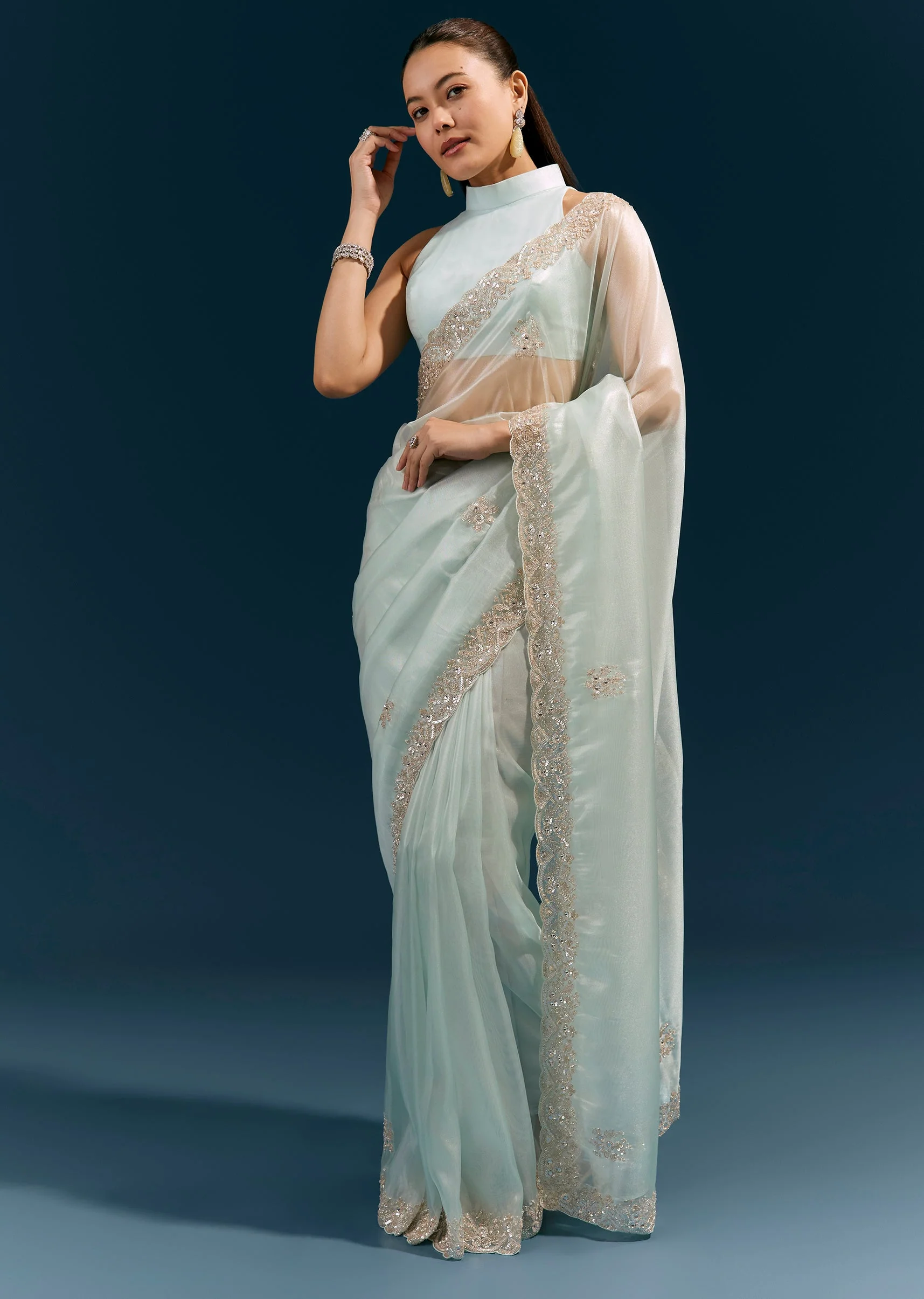 Powder Blue Net Saree With Scalloped Embroidered Border And Shimmer Detailing - Image 3