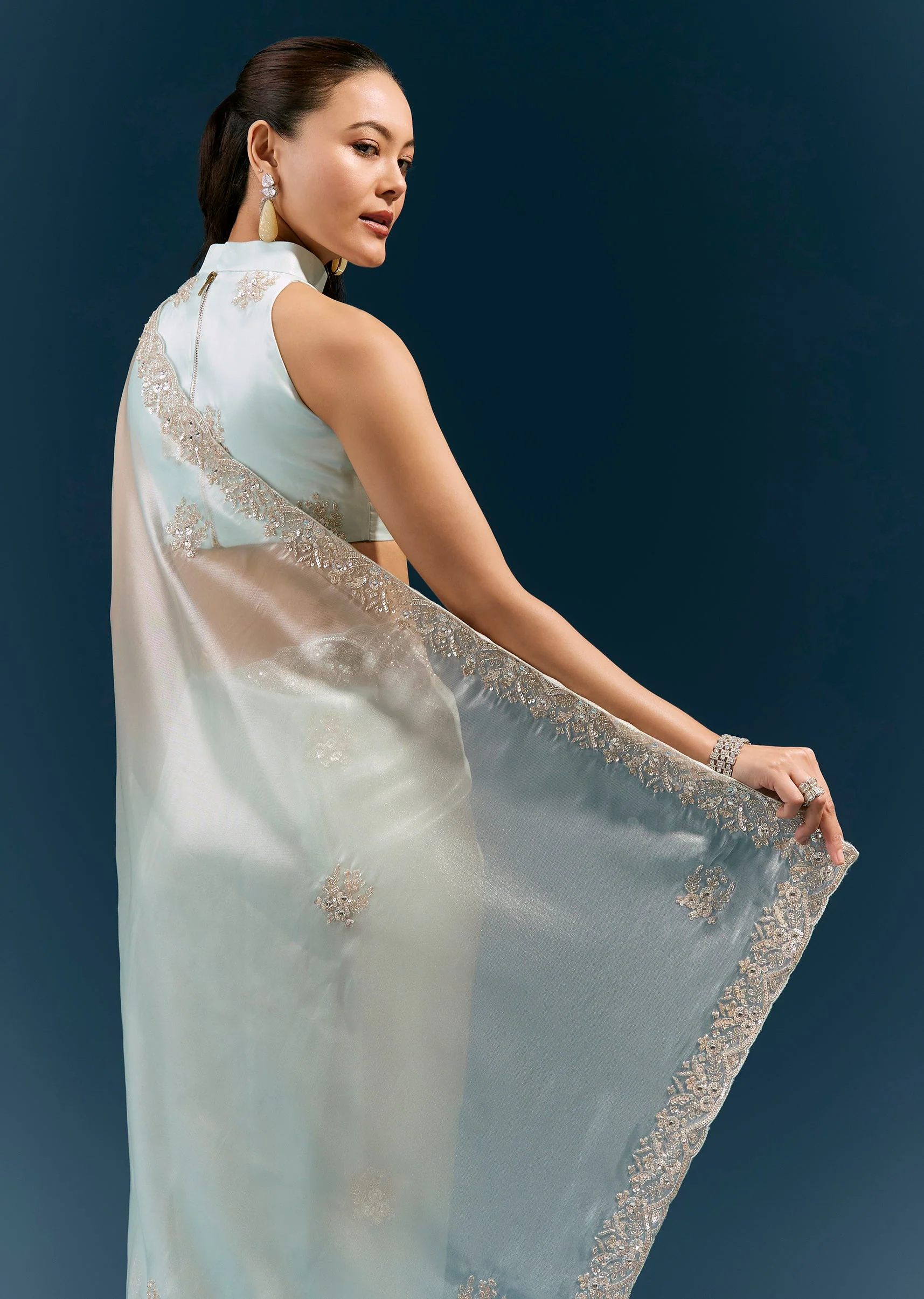 Powder Blue Net Saree With Scalloped Embroidered Border And Shimmer Detailing - Image 6