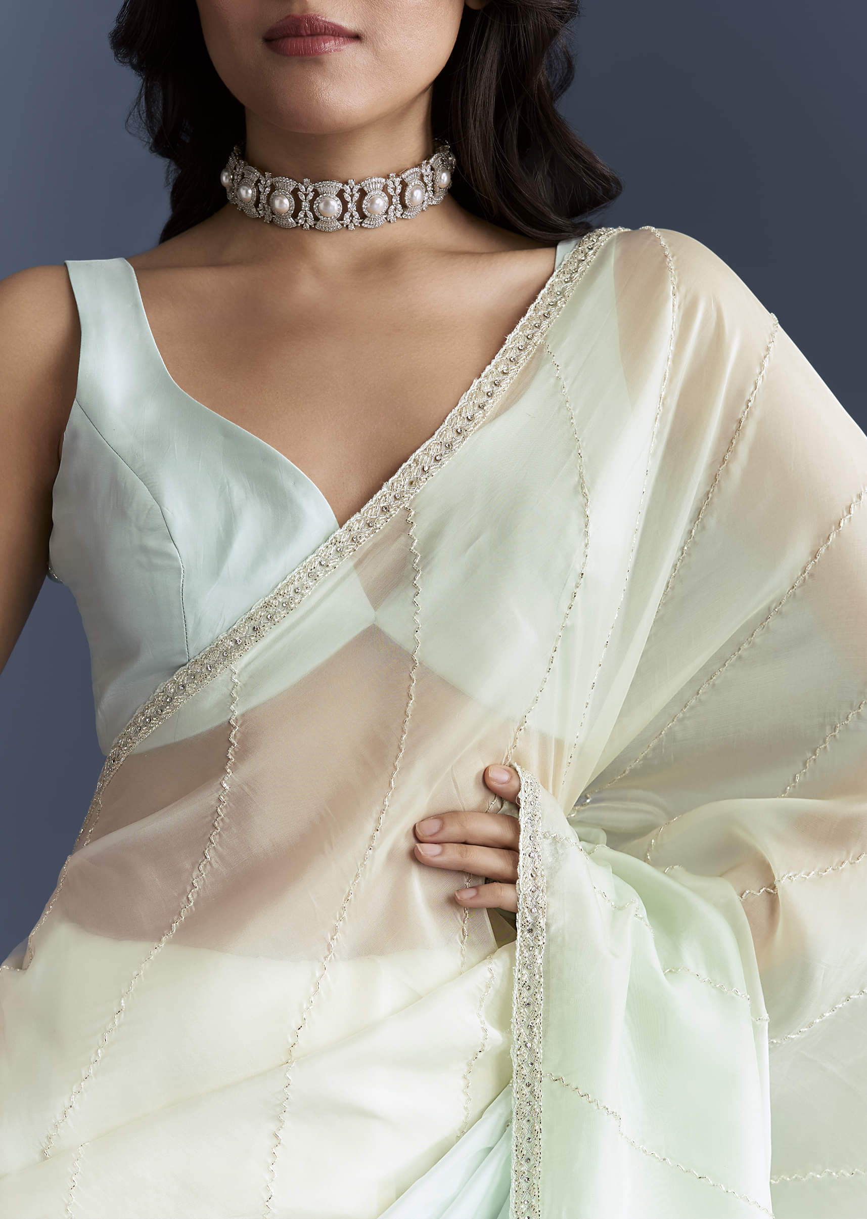 Powder Blue Organza Saree With Heavy Hand Embroidery - Image 2