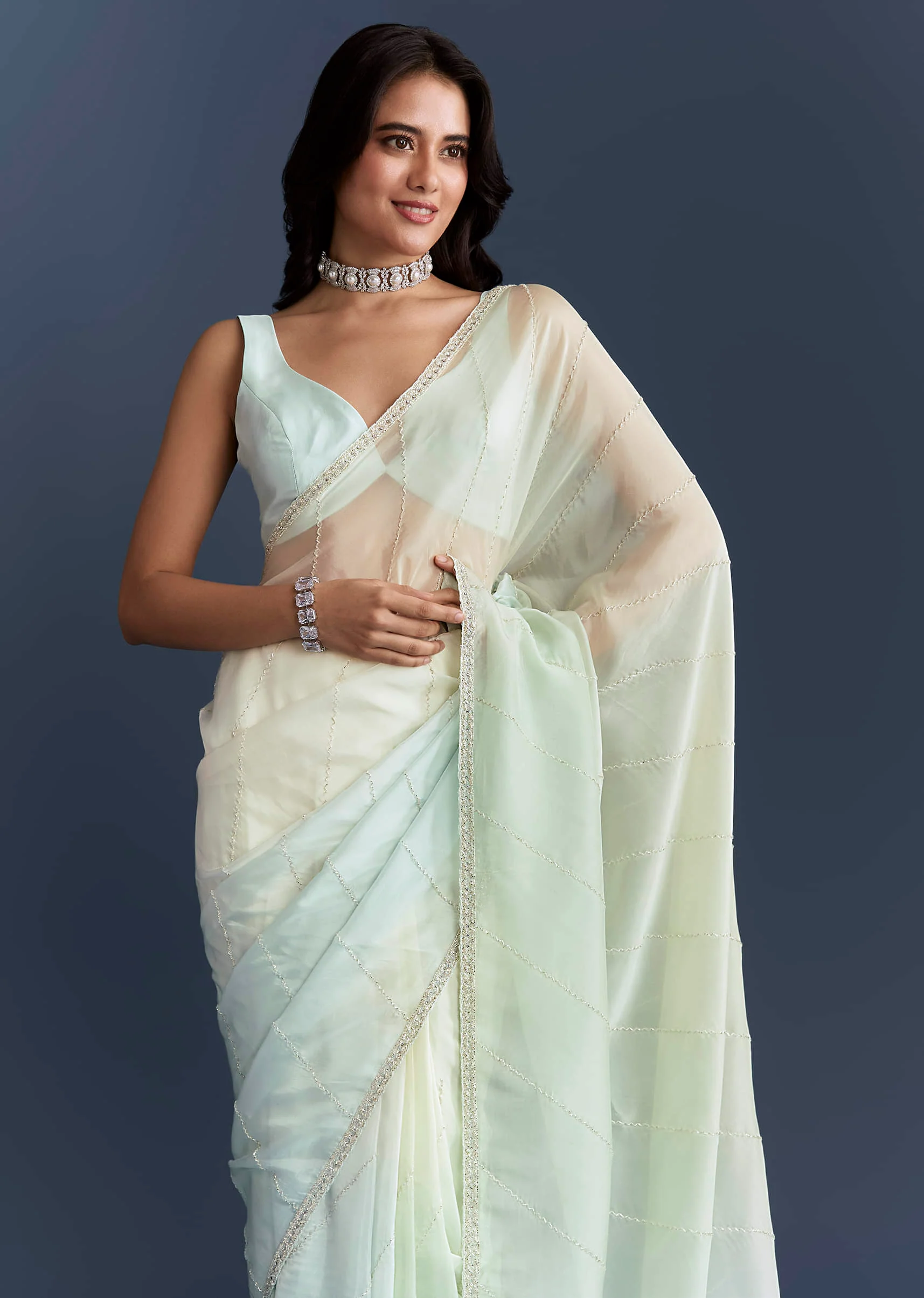 Powder Blue Organza Saree With Heavy Hand Embroidery - Image 5