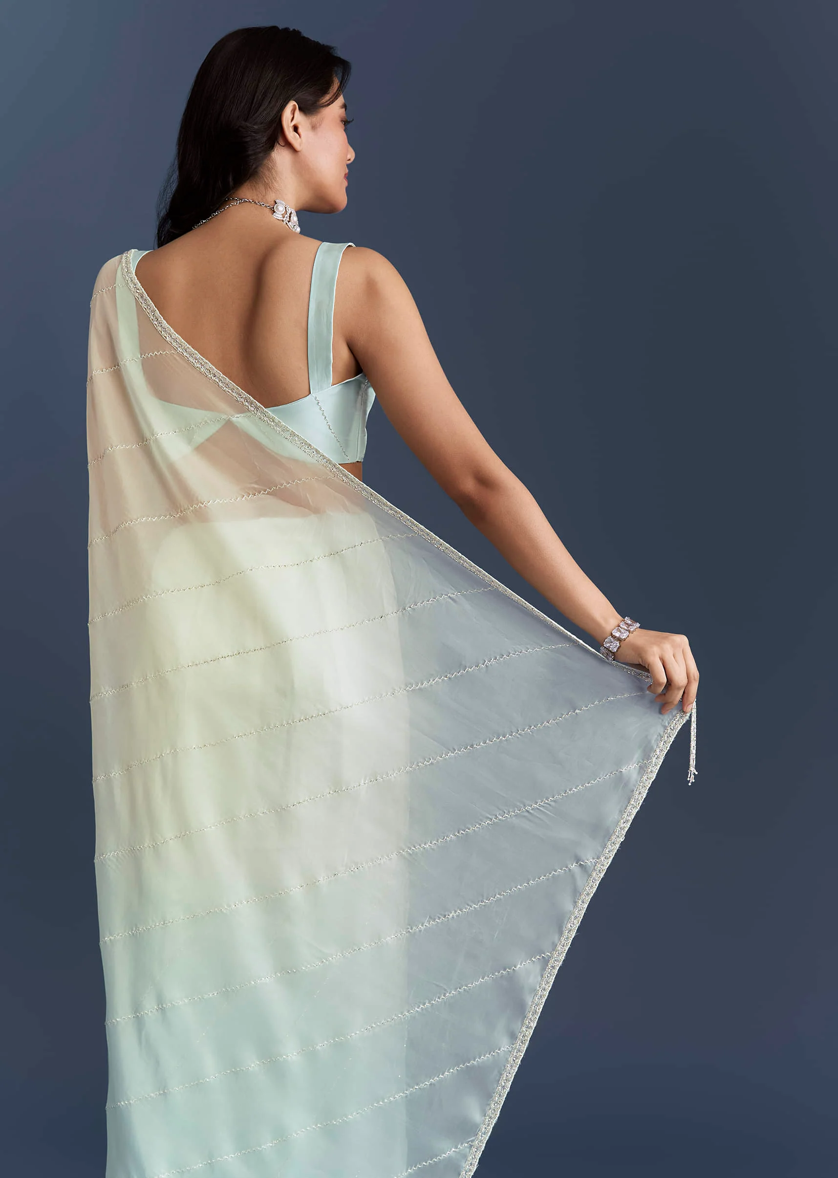 Powder Blue Organza Saree With Heavy Hand Embroidery - Image 6