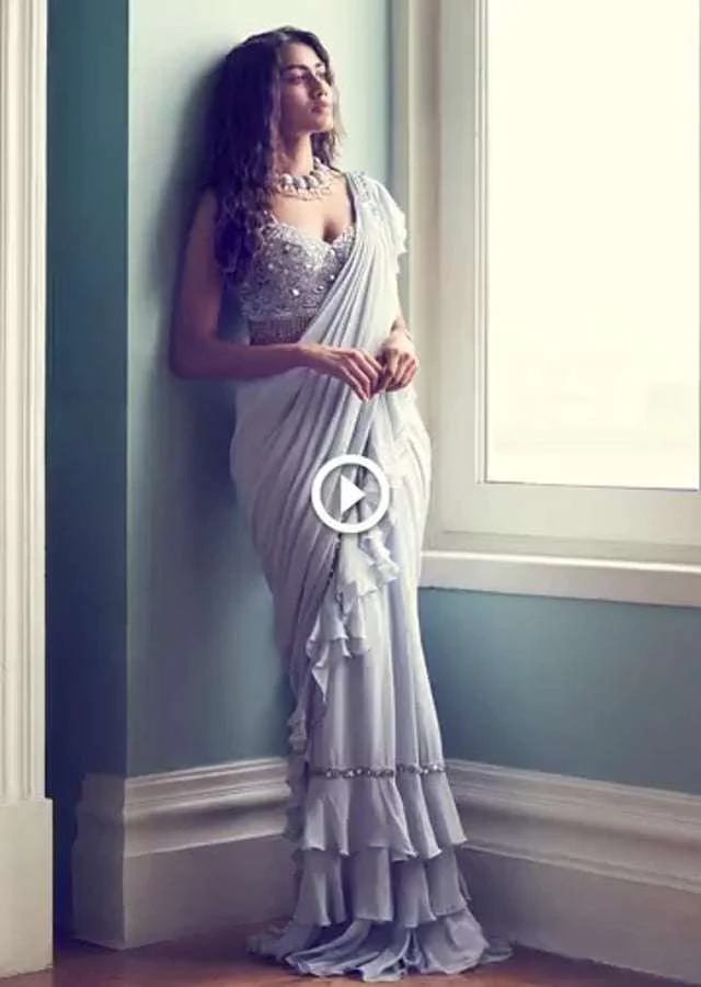 Powder Blue Saree In Georgette With Ready Pleated Ruffle Pallu - Image 5