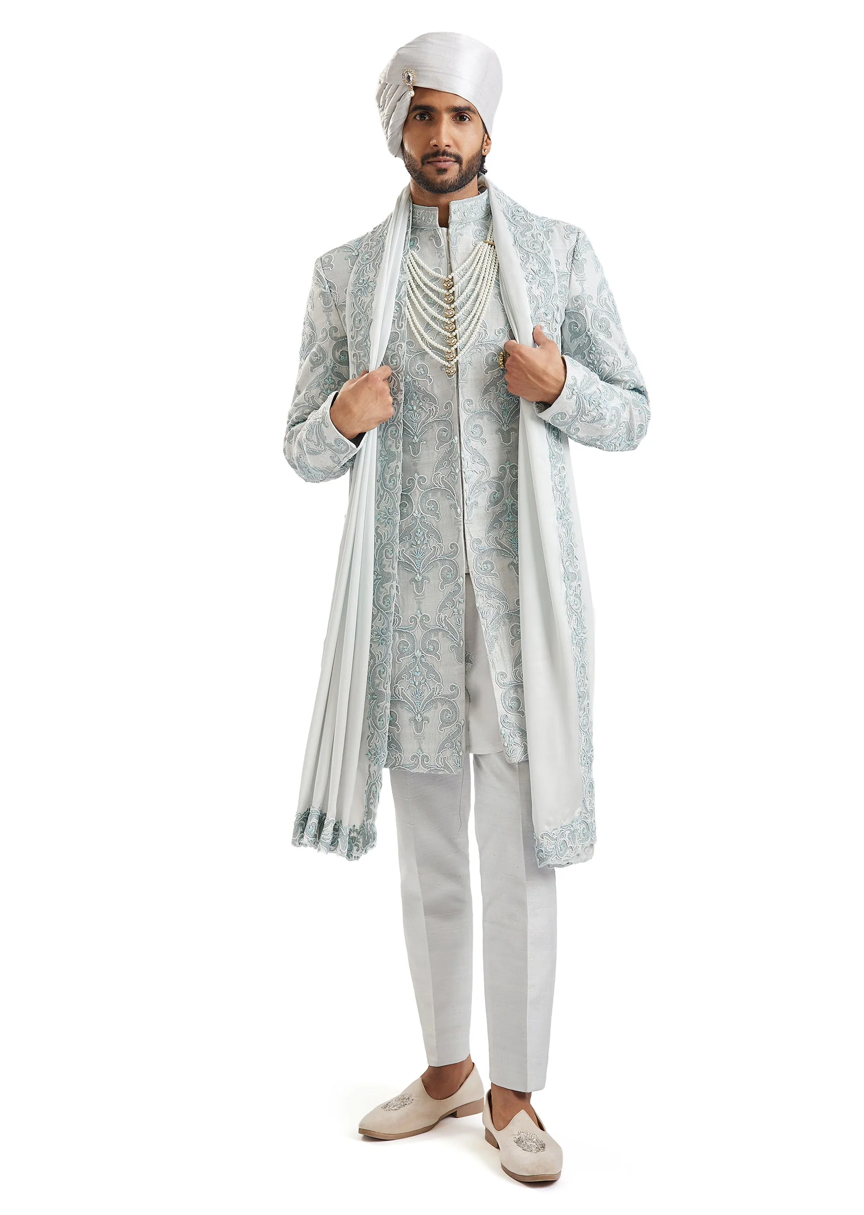 Powder Blue Self Embroidered Groom Sherwani