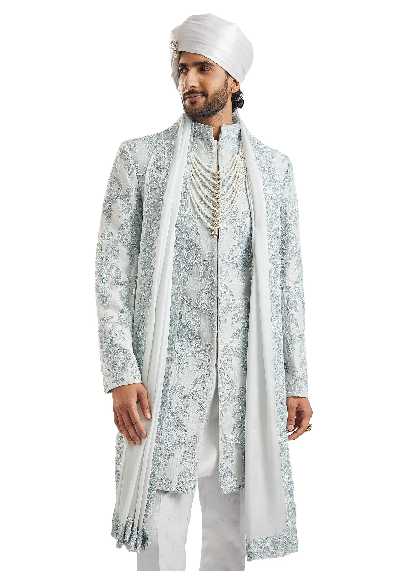 Powder Blue Self Embroidered Groom Sherwani - Image 2