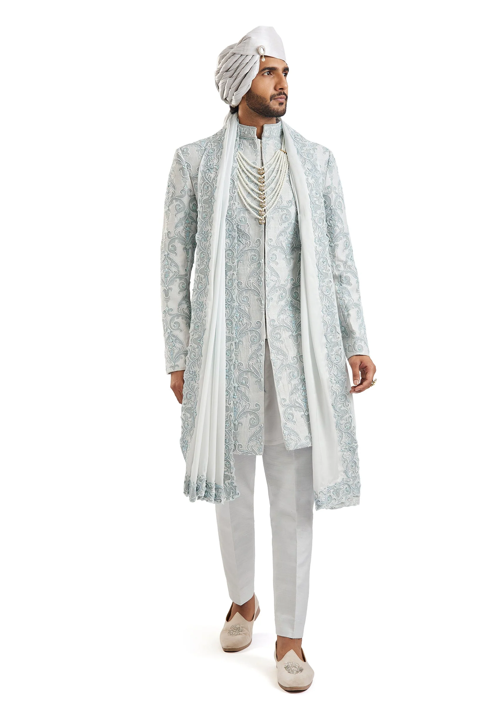 Powder Blue Self Embroidered Groom Sherwani - Image 3
