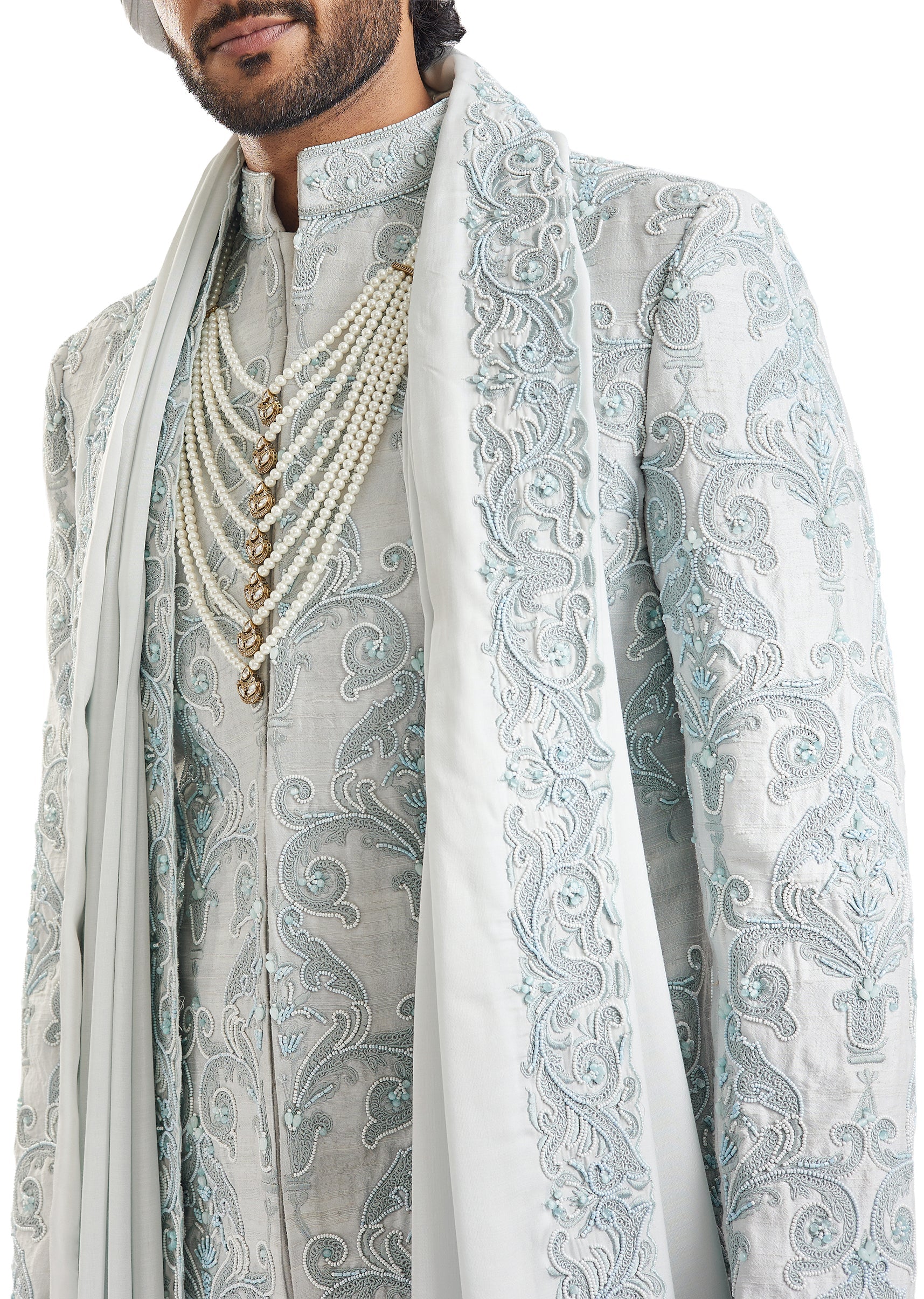 Powder Blue Self Embroidered Groom Sherwani - Image 4