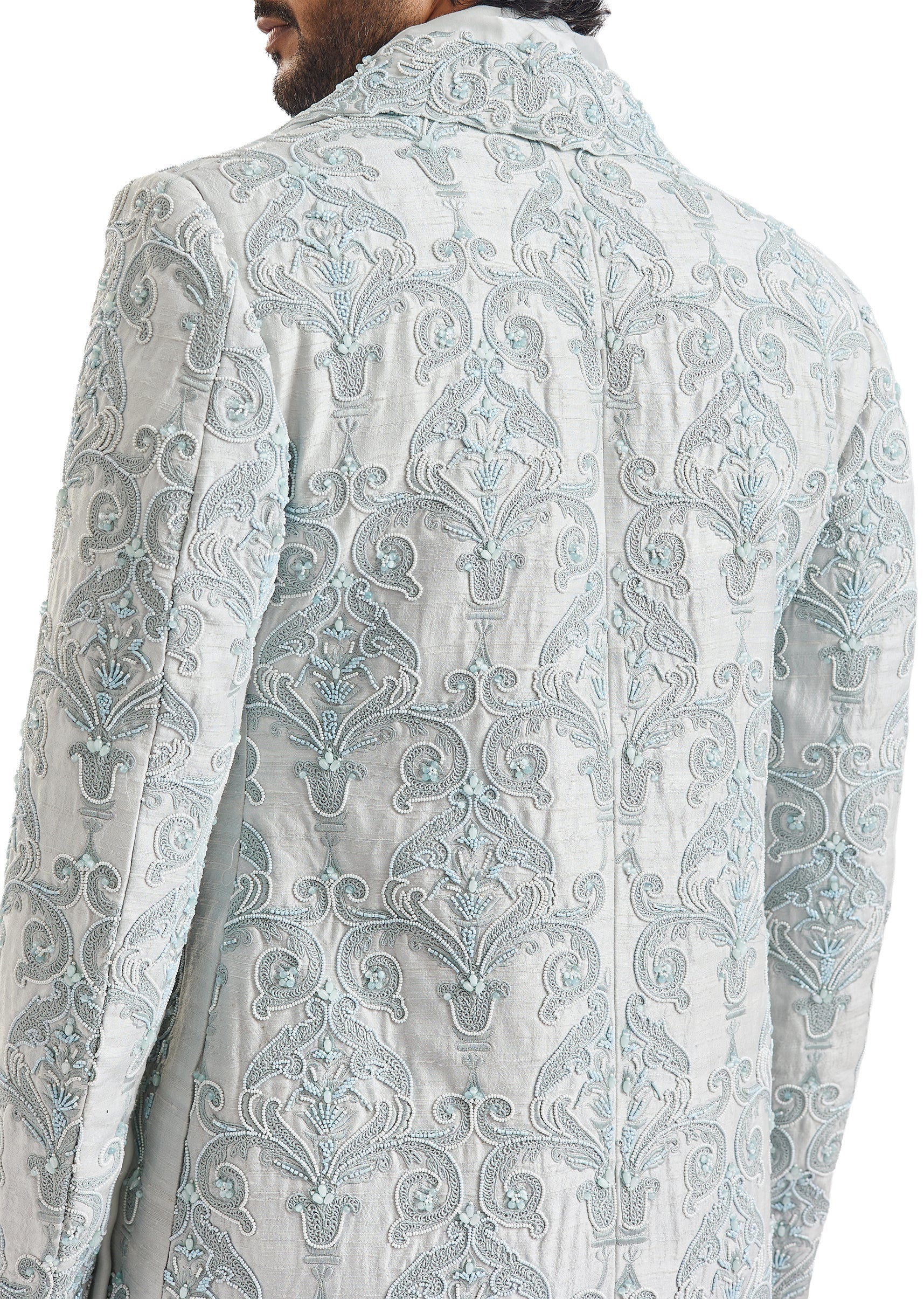 Powder Blue Self Embroidered Groom Sherwani - Image 5