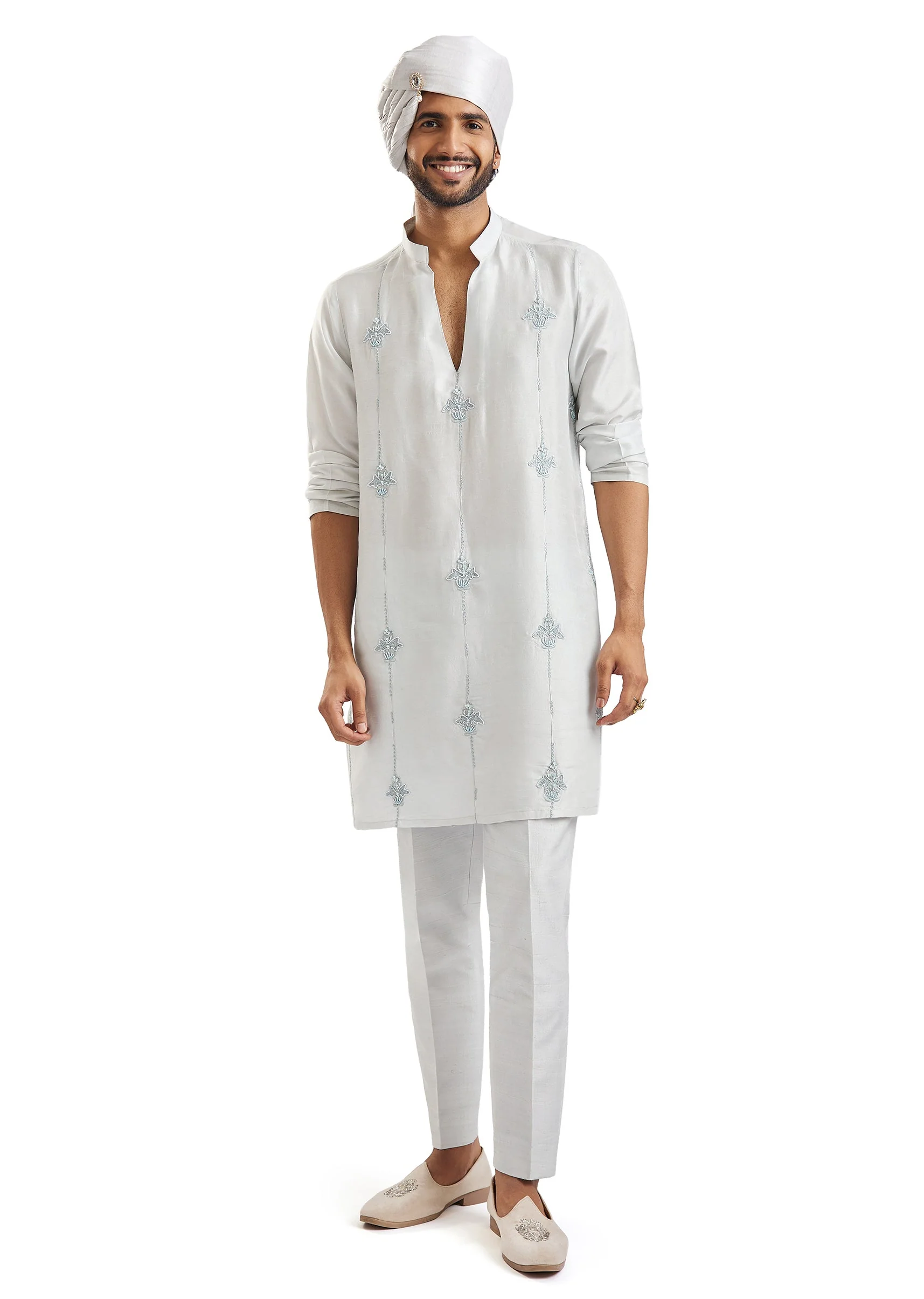 Powder Blue Self Embroidered Groom Sherwani - Image 7