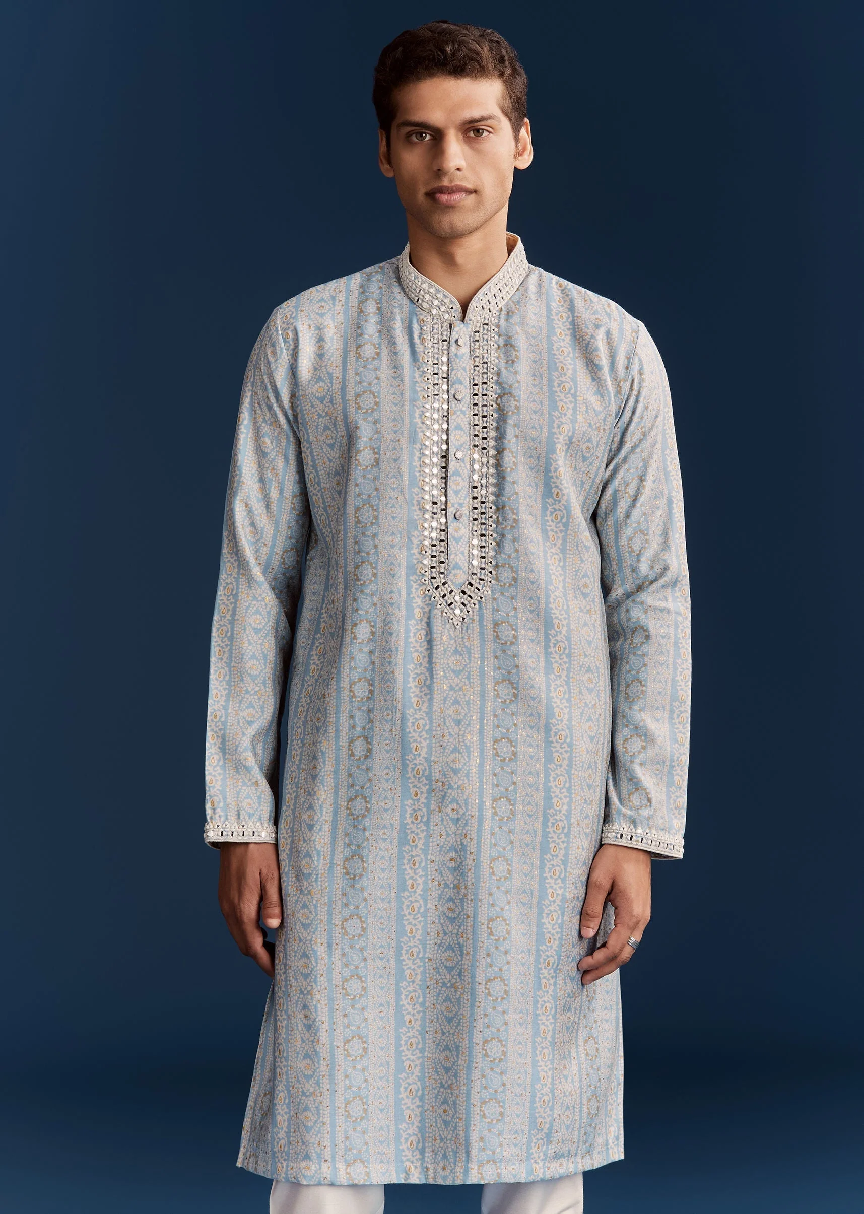 Powder Blue Silk Kurta With Mirror Work - Image 3