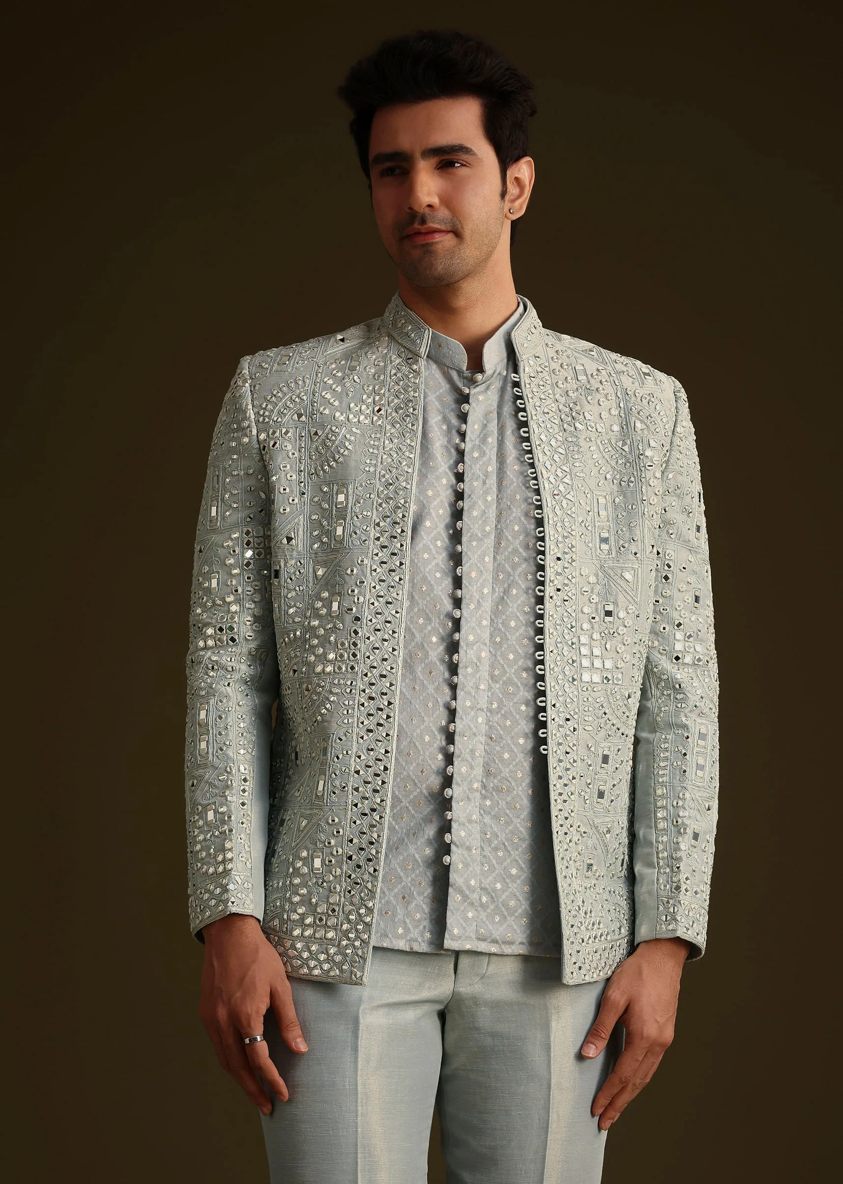 Powder Blue Silk Mirror Work Indo Jacket Set - Image 2