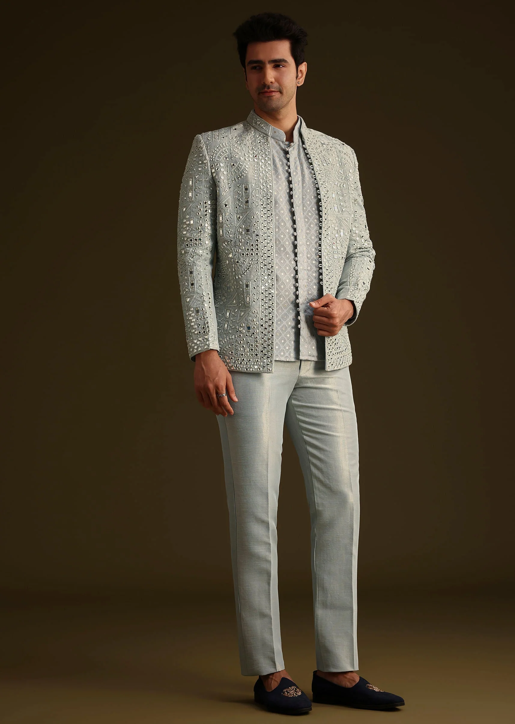 Powder Blue Silk Mirror Work Indo Jacket Set - Image 3