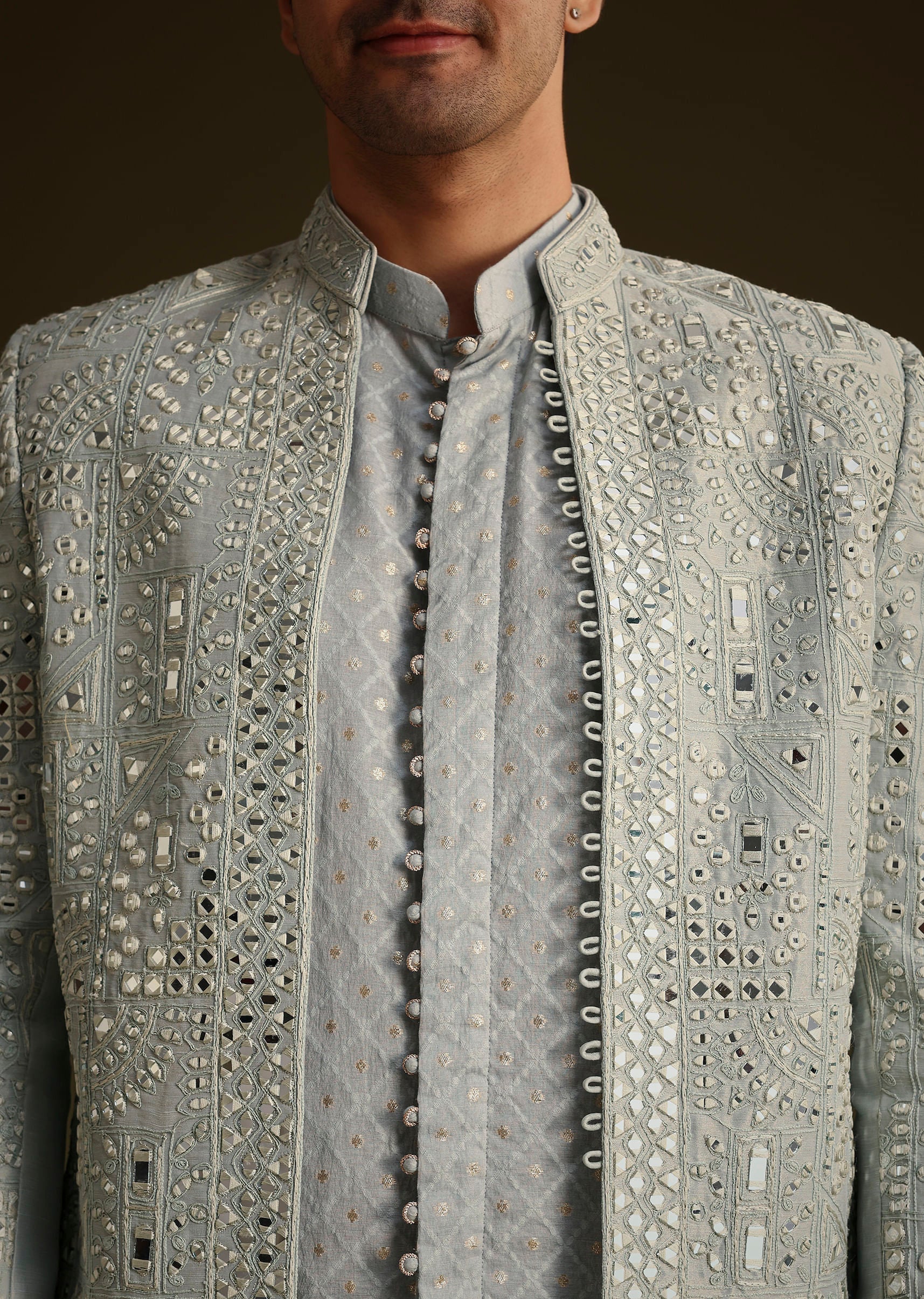Powder Blue Silk Mirror Work Indo Jacket Set - Image 4
