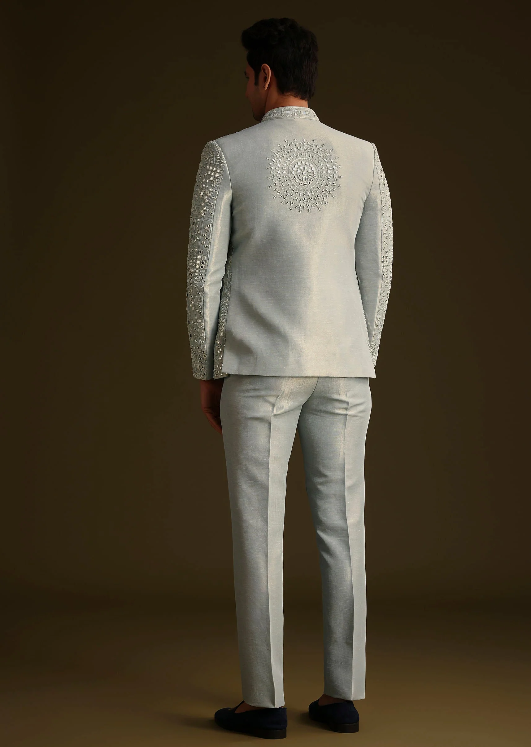 Powder Blue Silk Mirror Work Indo Jacket Set - Image 5
