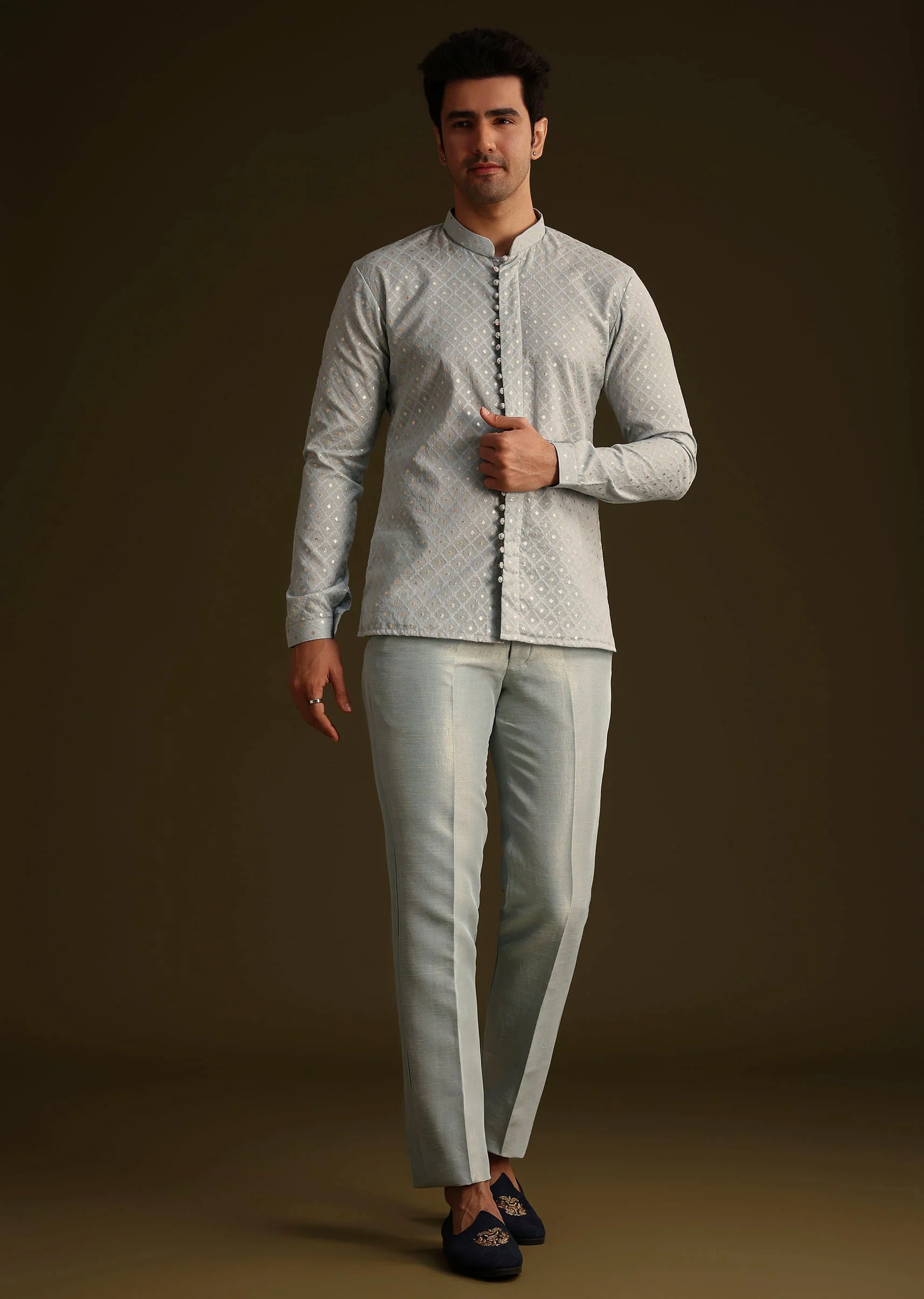 Powder Blue Silk Mirror Work Indo Jacket Set - Image 6