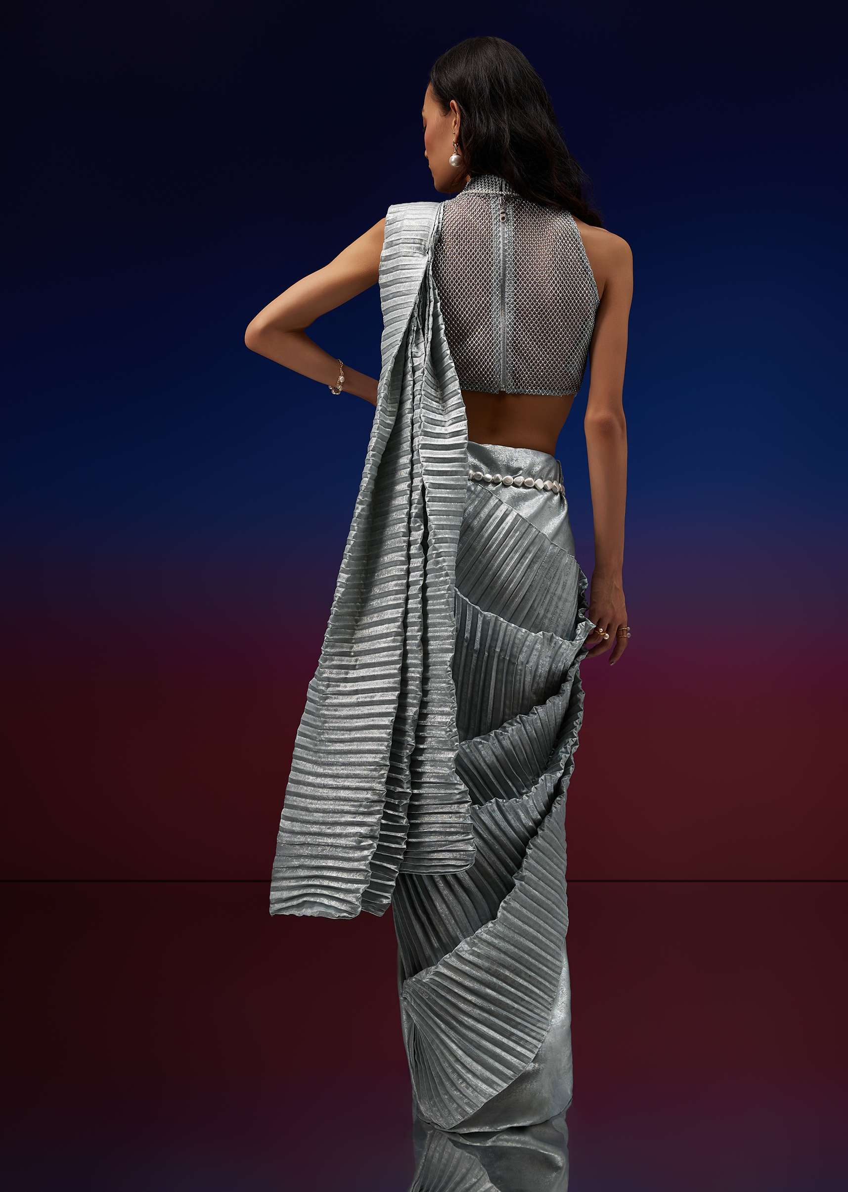 Powder Blue Silver Foil Open Saree With Net Blouse - Image 2