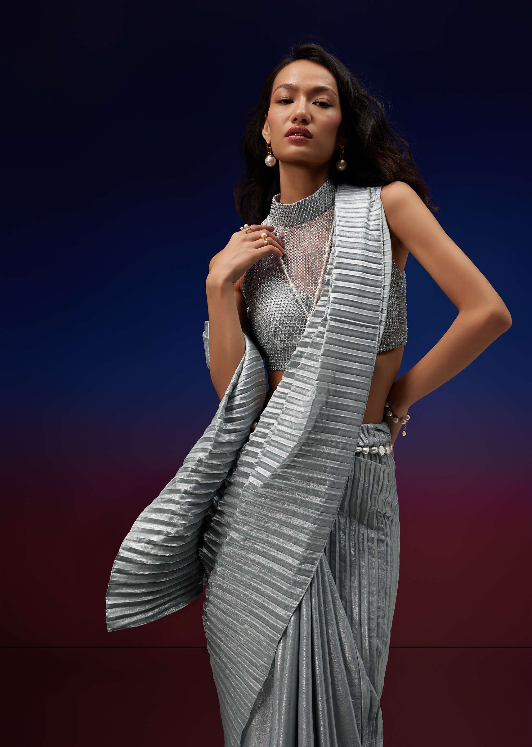 Powder Blue Silver Foil Open Saree With Net Blouse - Image 3