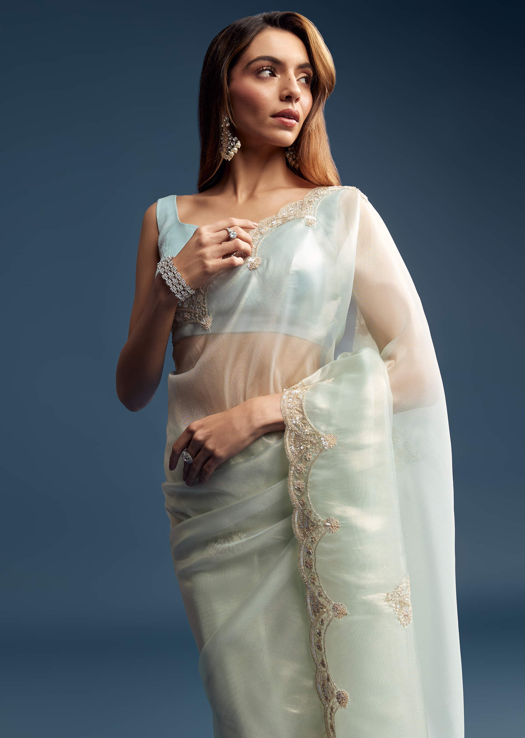 Powder Blue Tissue Saree With Cutdana Embroidery - Image 4