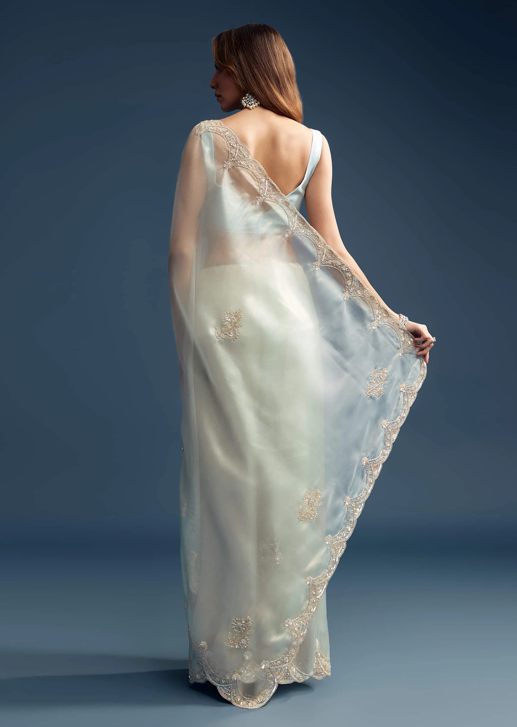 Powder Blue Tissue Saree With Cutdana Embroidery - Image 5