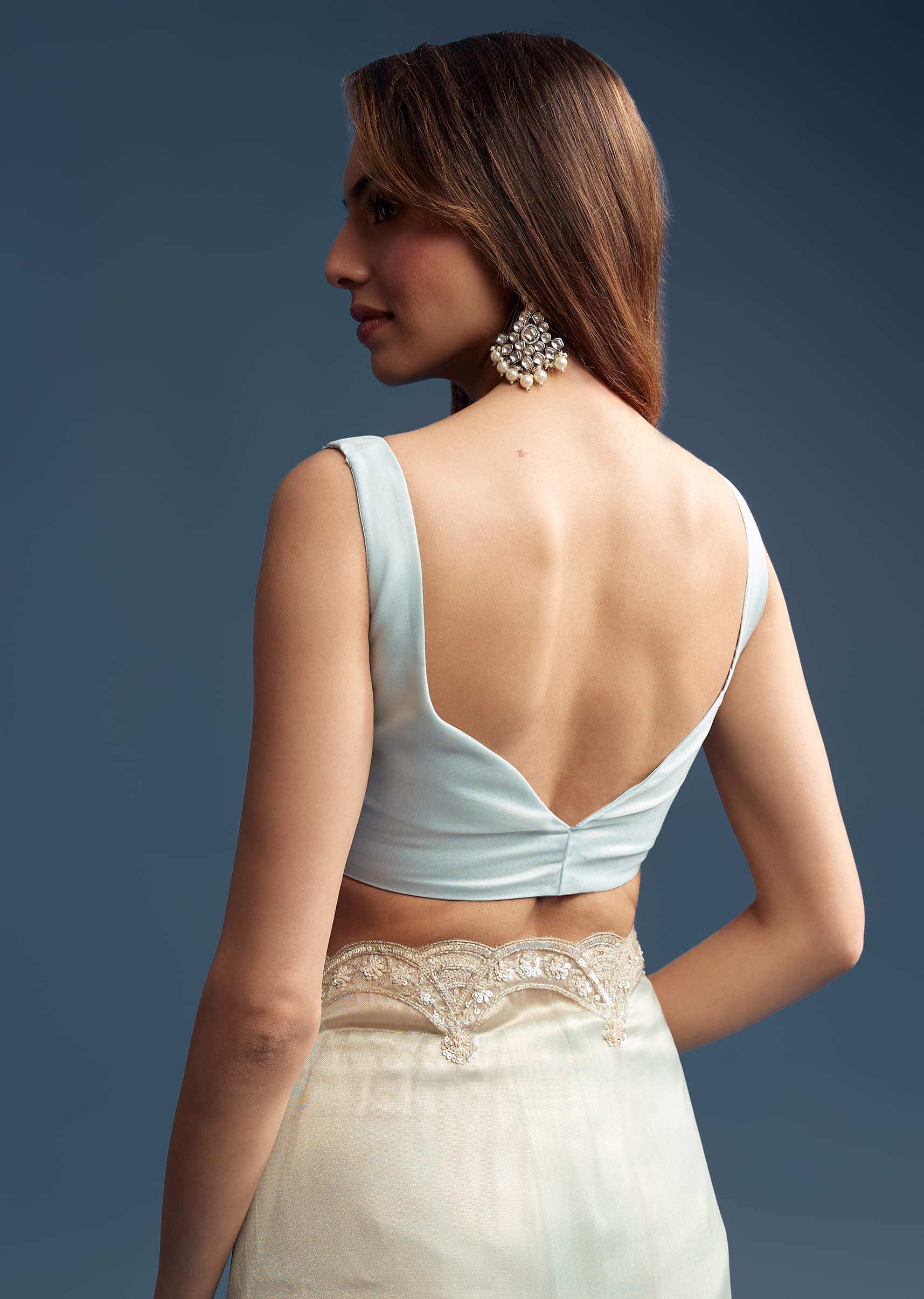 Powder Blue Tissue Saree With Cutdana Embroidery - Image 7