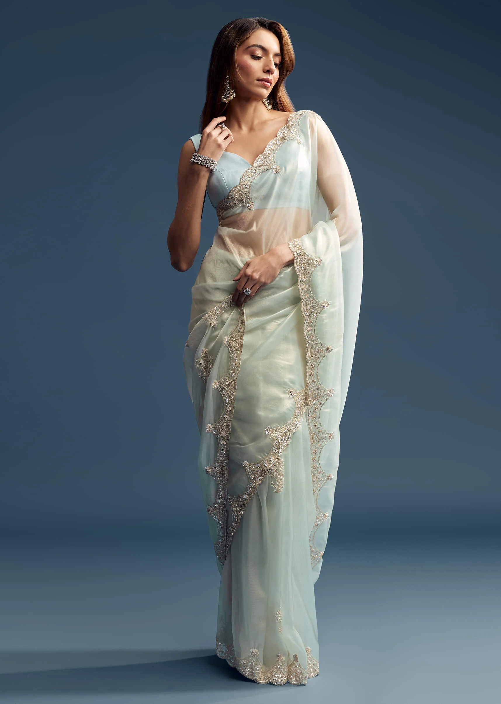 Powder Blue Tissue Saree With Cutdana Embroidery - Image 9