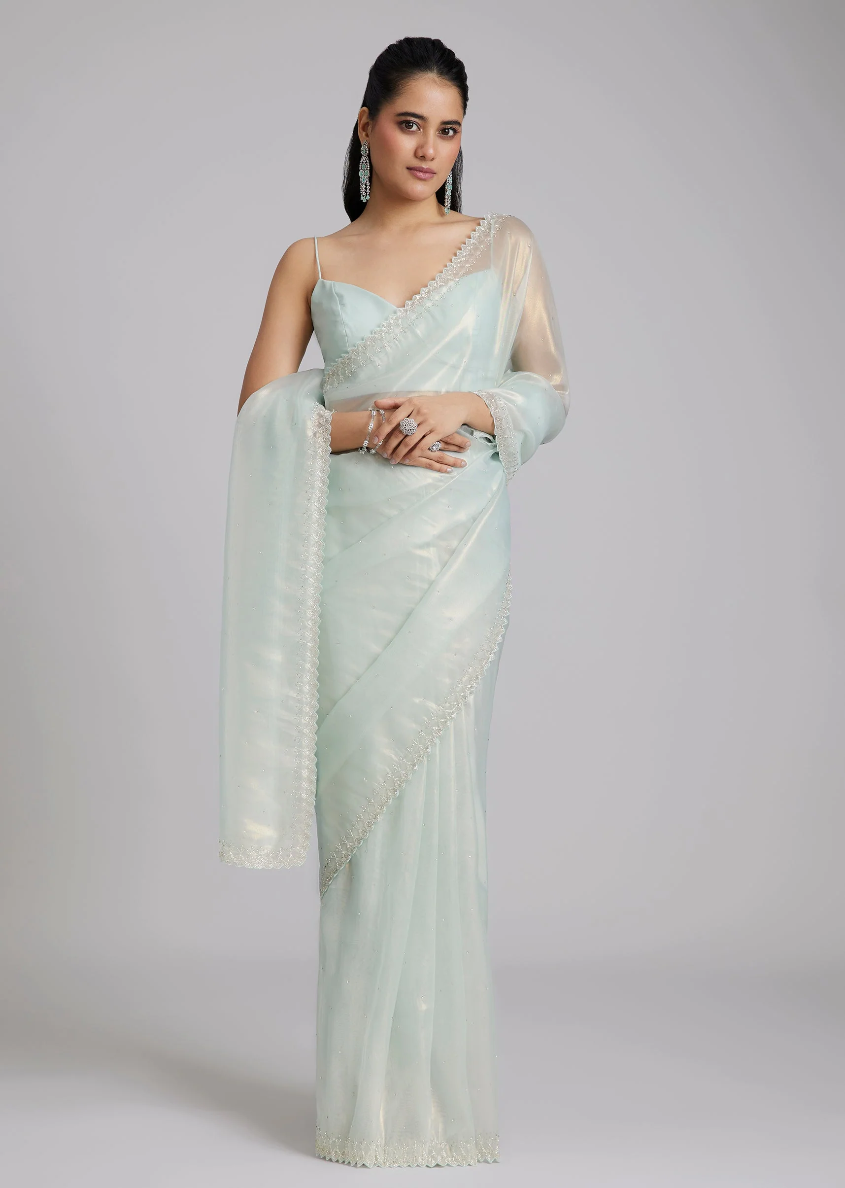 Powder Blue Tissue Saree With Stones And Zigzag Border