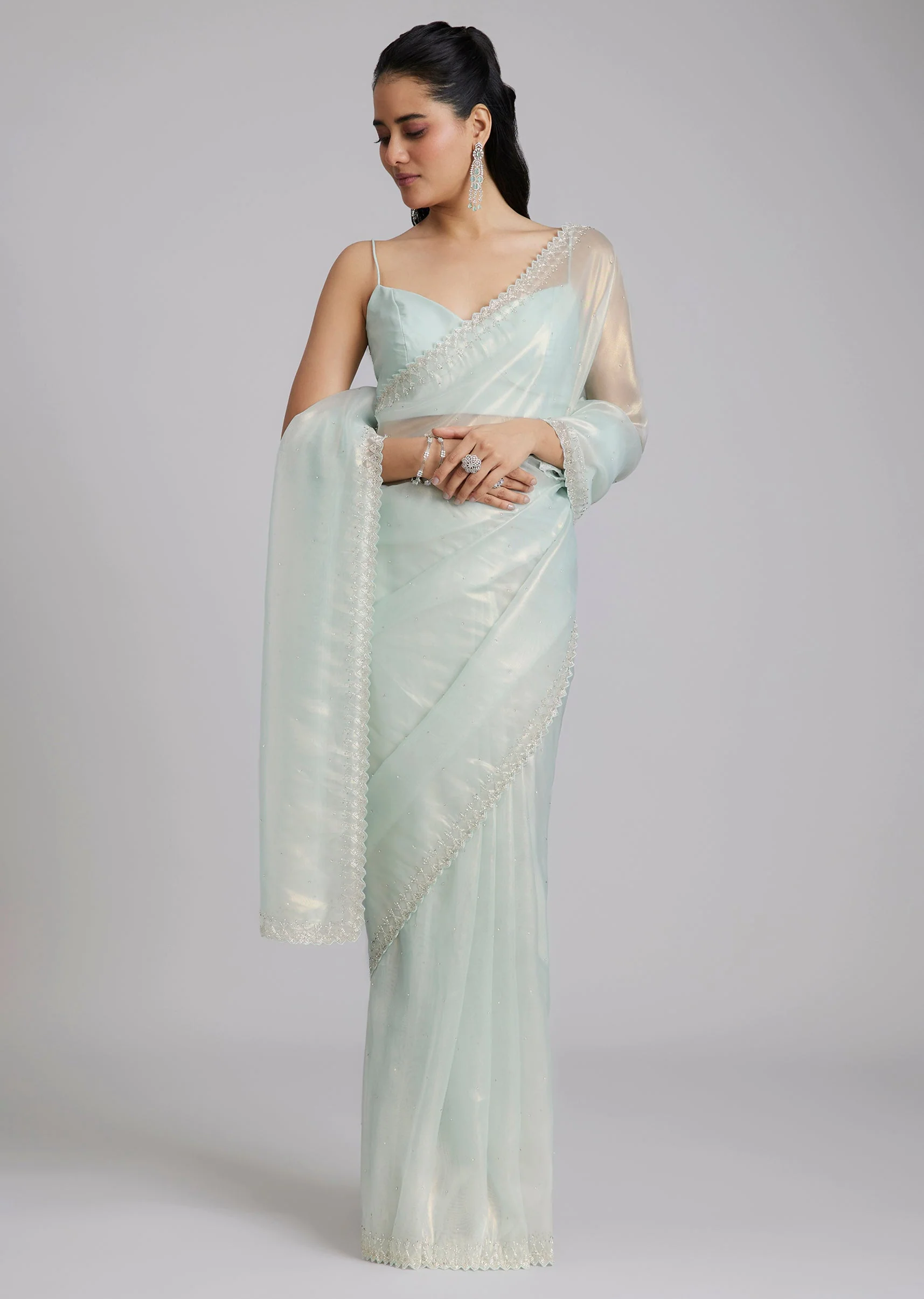 Powder Blue Tissue Saree With Stones And Zigzag Border - Image 3