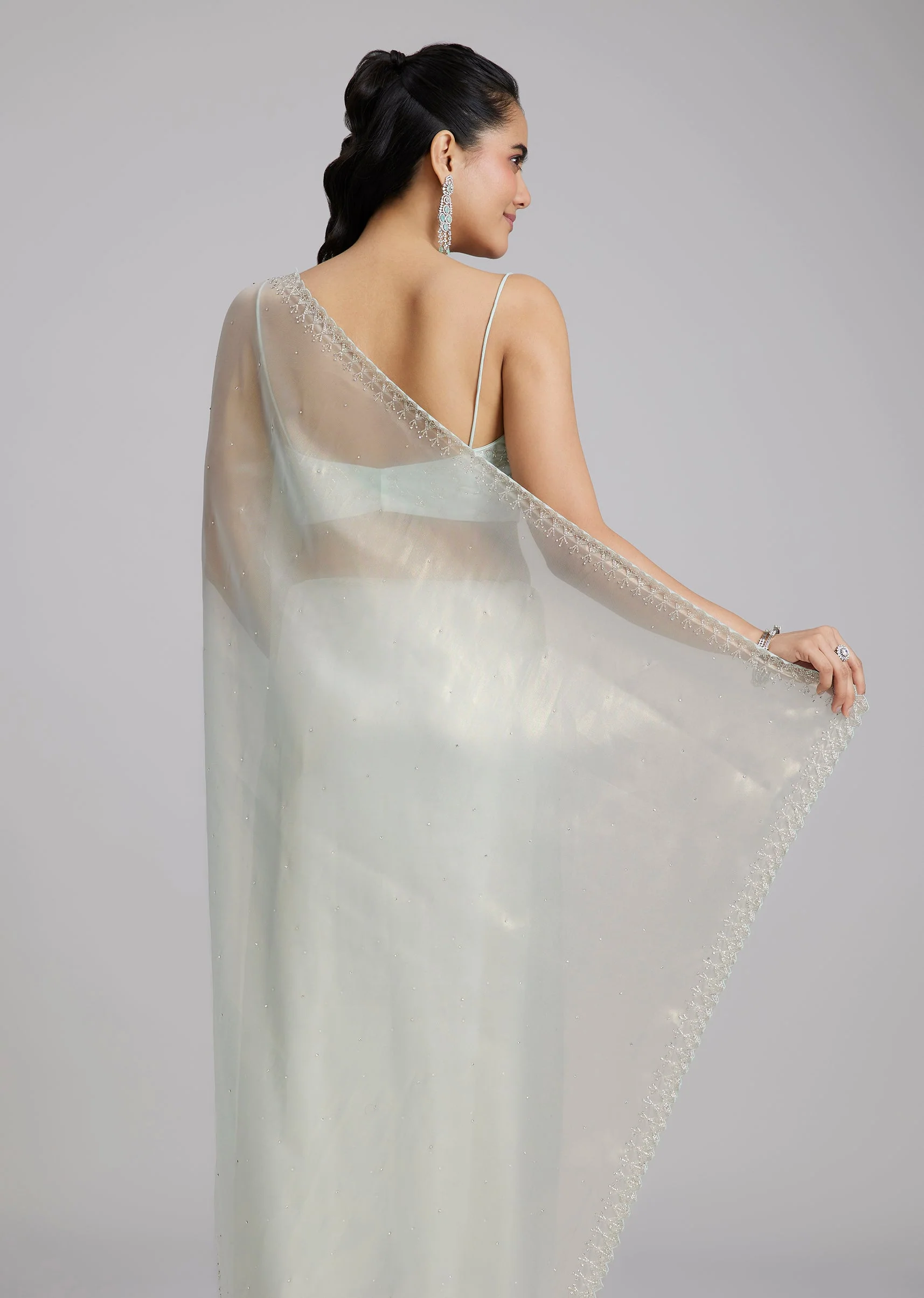 Powder Blue Tissue Saree With Stones And Zigzag Border - Image 6