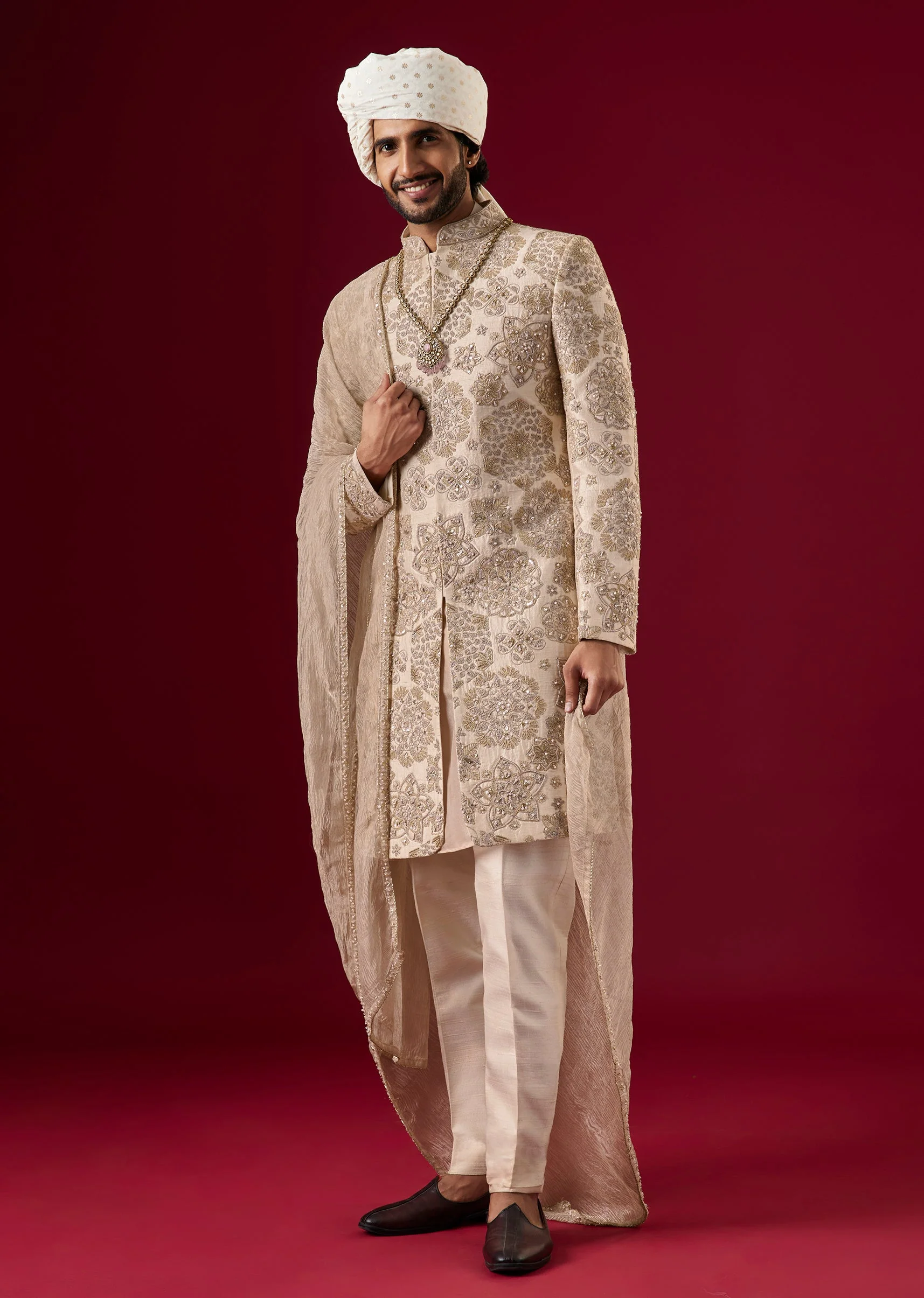 Powder Pink Bamboo Silk Sherwani Set With Zari Work - Image 2