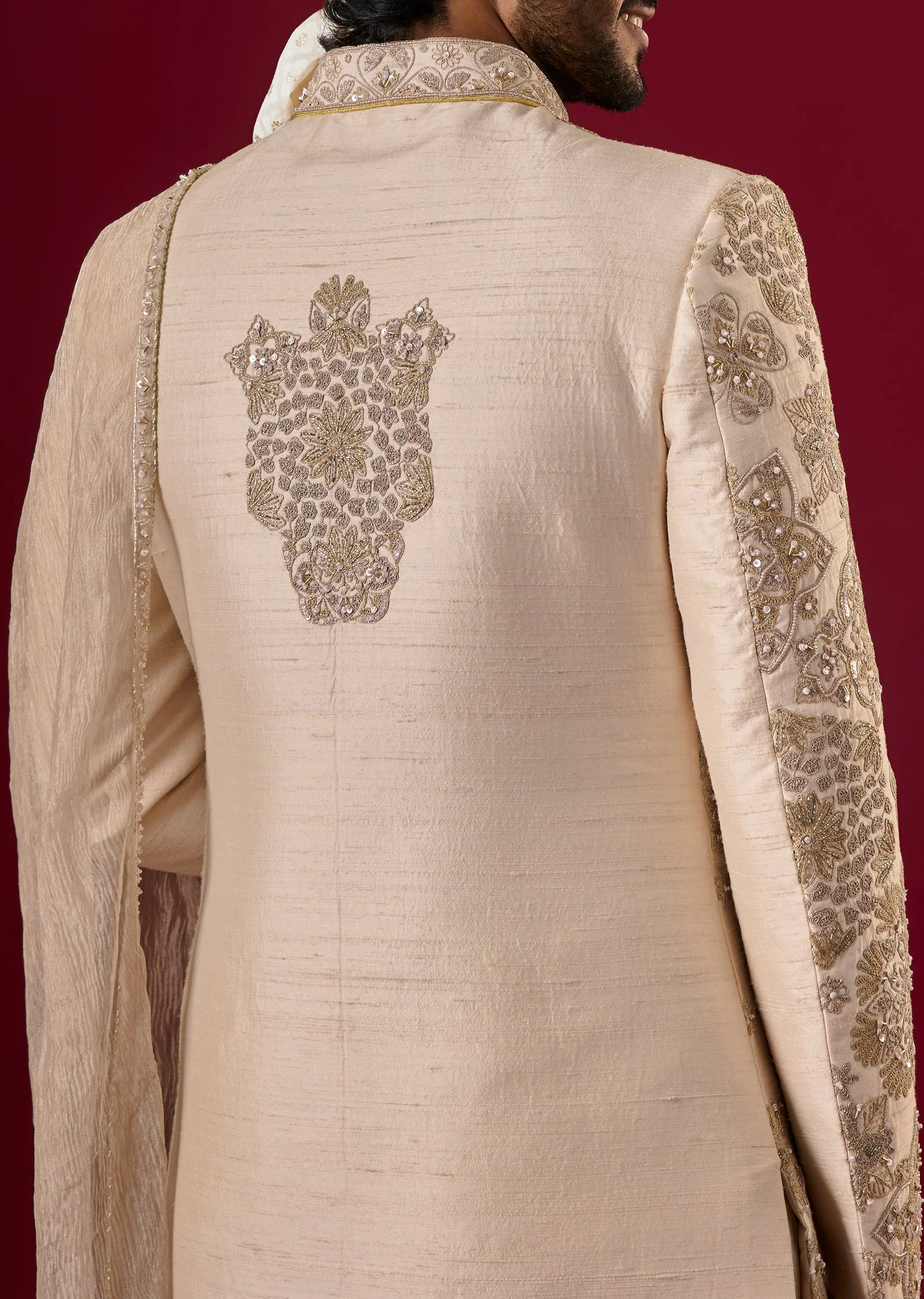Powder Pink Bamboo Silk Sherwani Set With Zari Work - Image 3