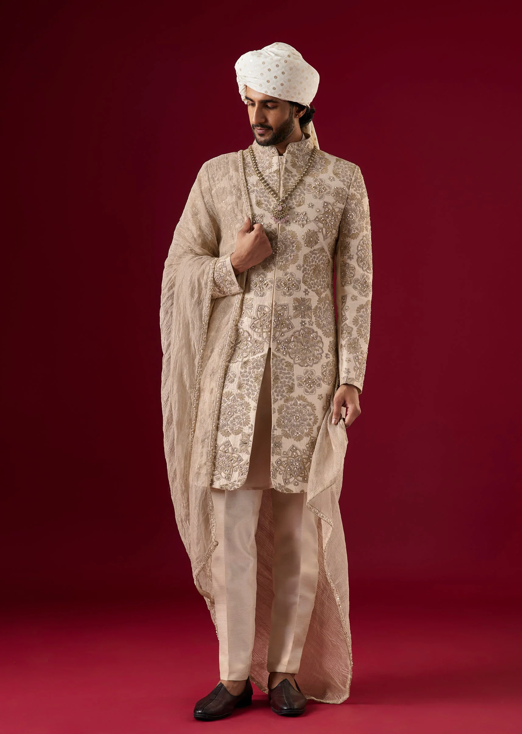 Powder Pink Bamboo Silk Sherwani Set With Zari Work - Image 4