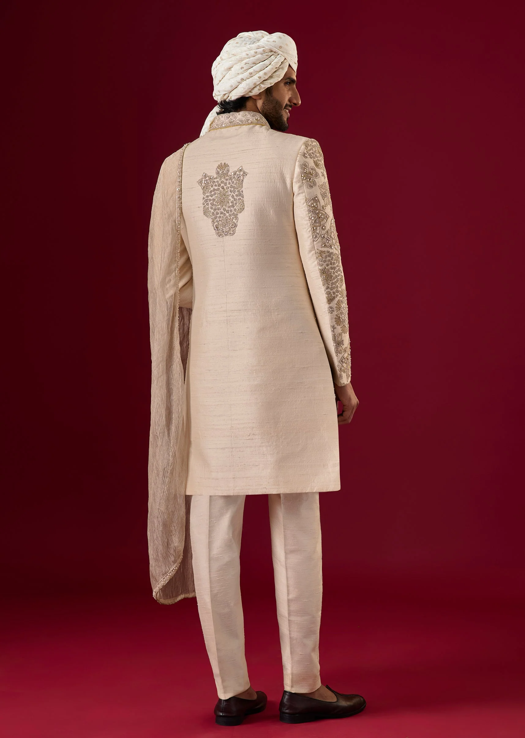 Powder Pink Bamboo Silk Sherwani Set With Zari Work - Image 6