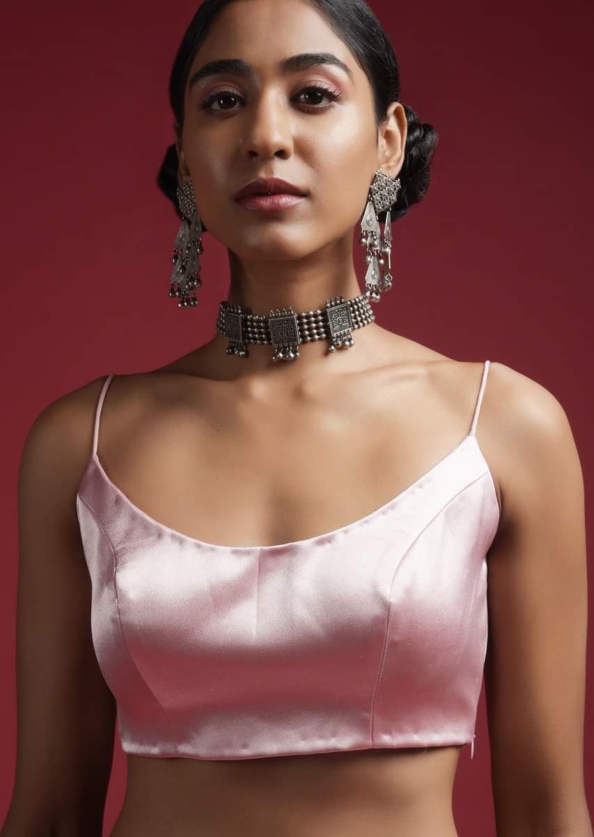 Powder Pink Blouse In Milano Satin With Spaghetti Straps On The Shoulders - Image 3