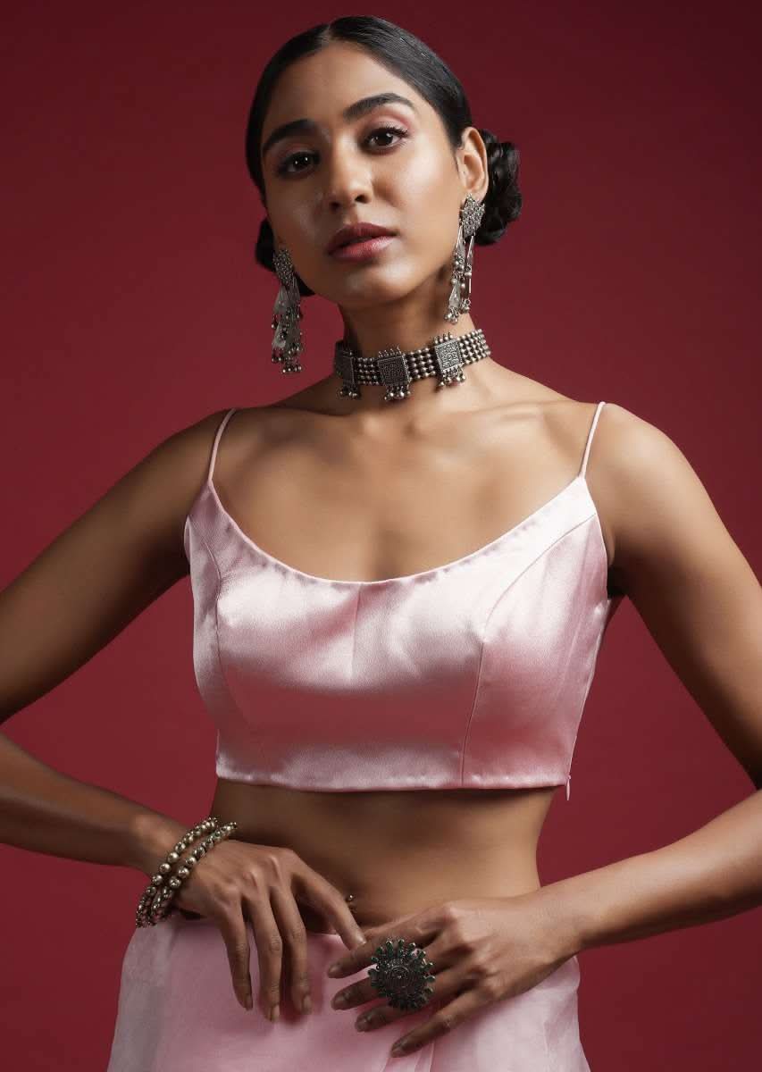Powder Pink Blouse In Milano Satin With Spaghetti Straps On The Shoulders - Image 4