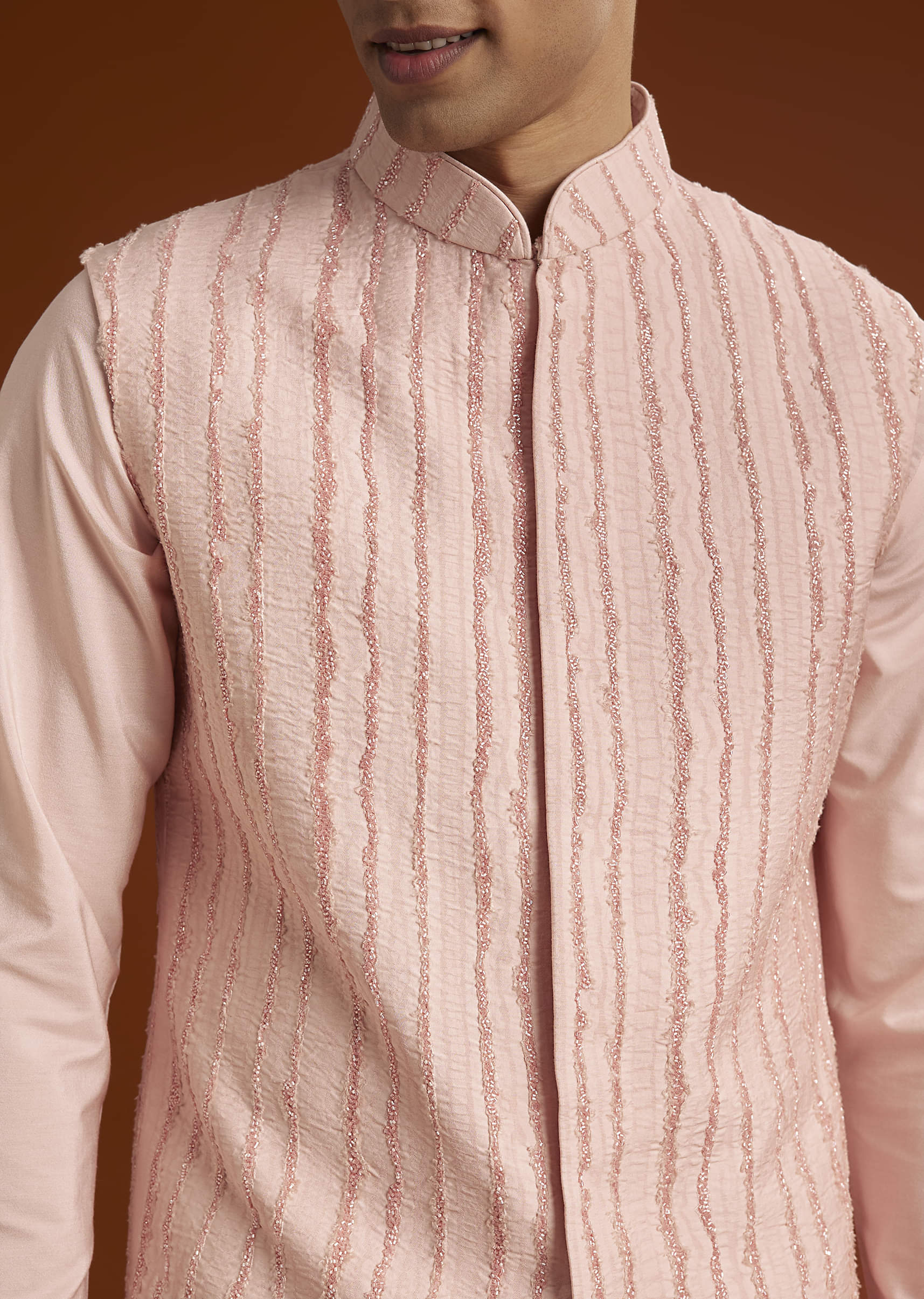 Powder Pink Kurta Jacket Set For Men With Cutdana Embroidery - Image 2
