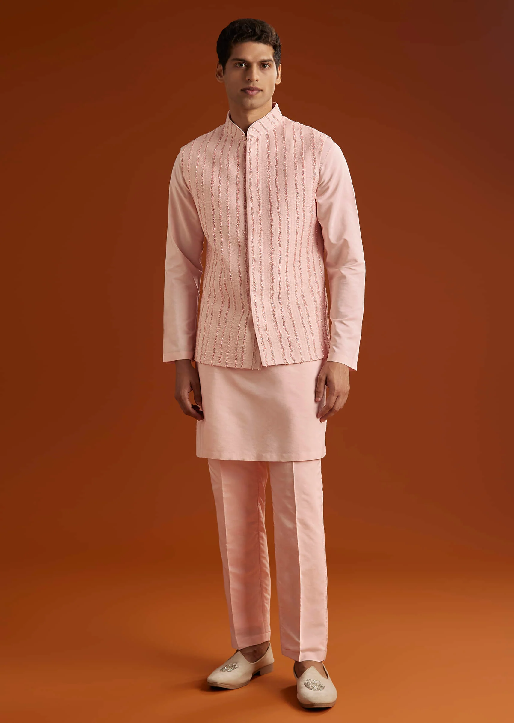 Powder Pink Kurta Jacket Set For Men With Cutdana Embroidery - Image 3