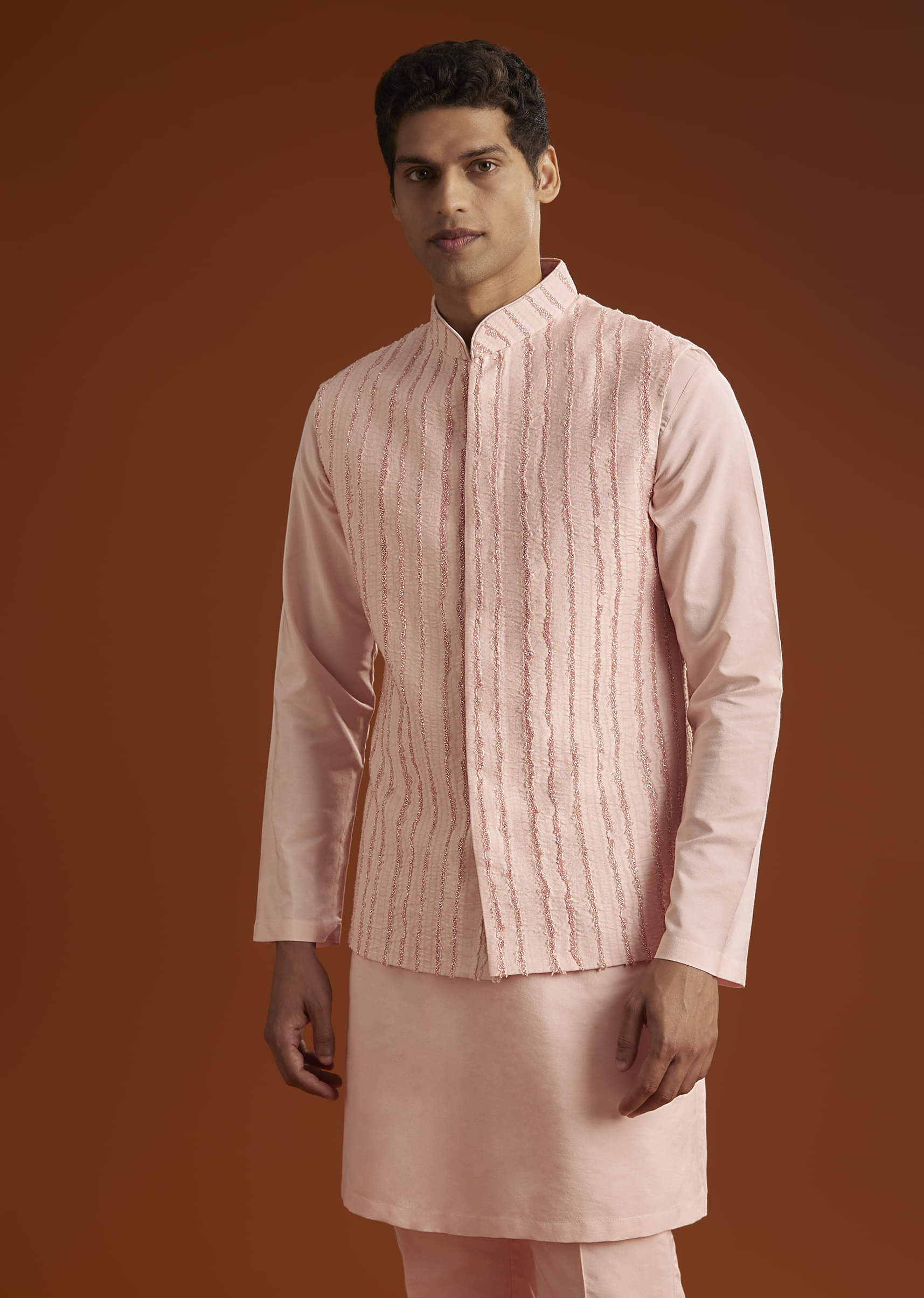 Powder Pink Kurta Jacket Set For Men With Cutdana Embroidery - Image 4