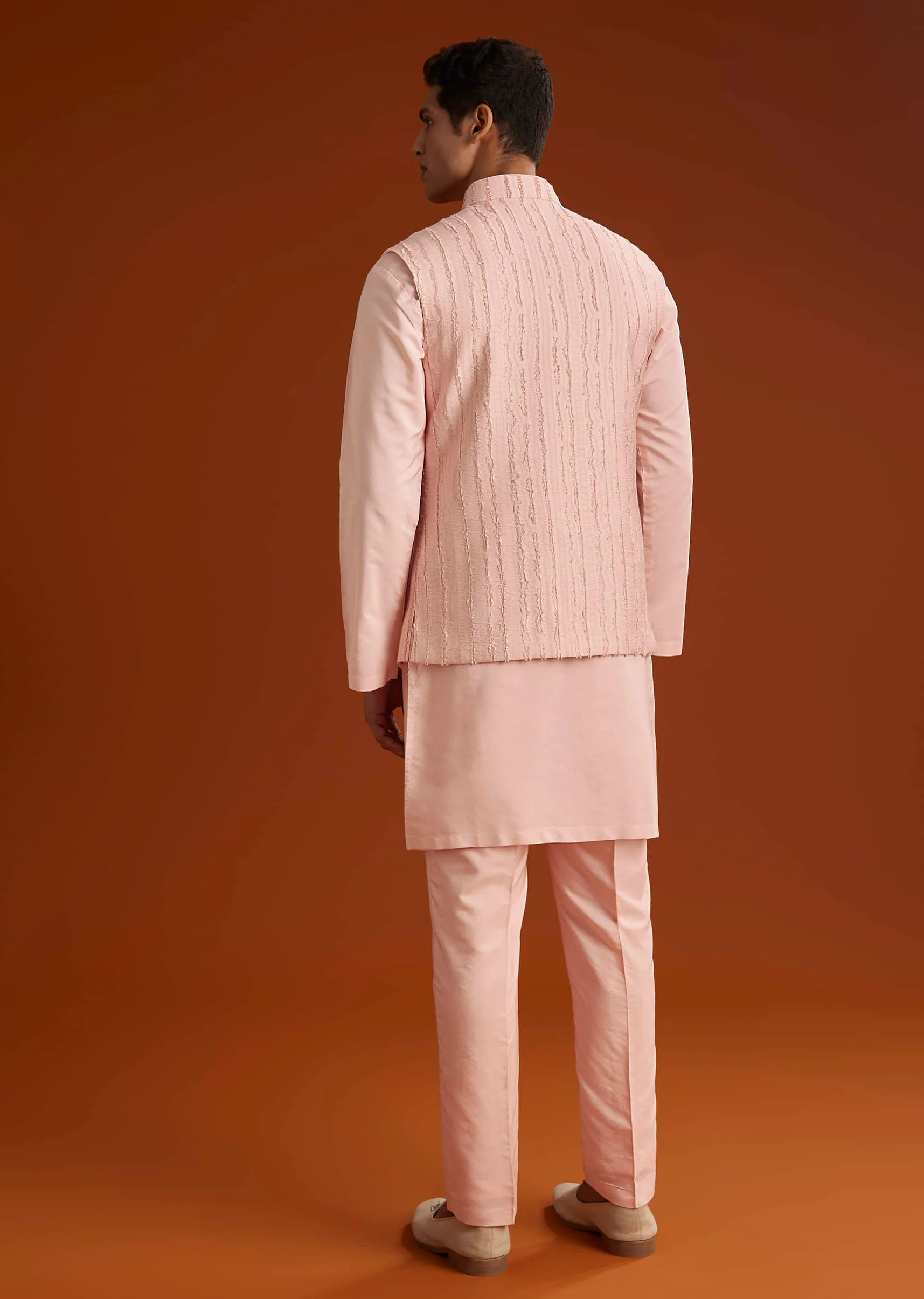 Powder Pink Kurta Jacket Set For Men With Cutdana Embroidery - Image 5