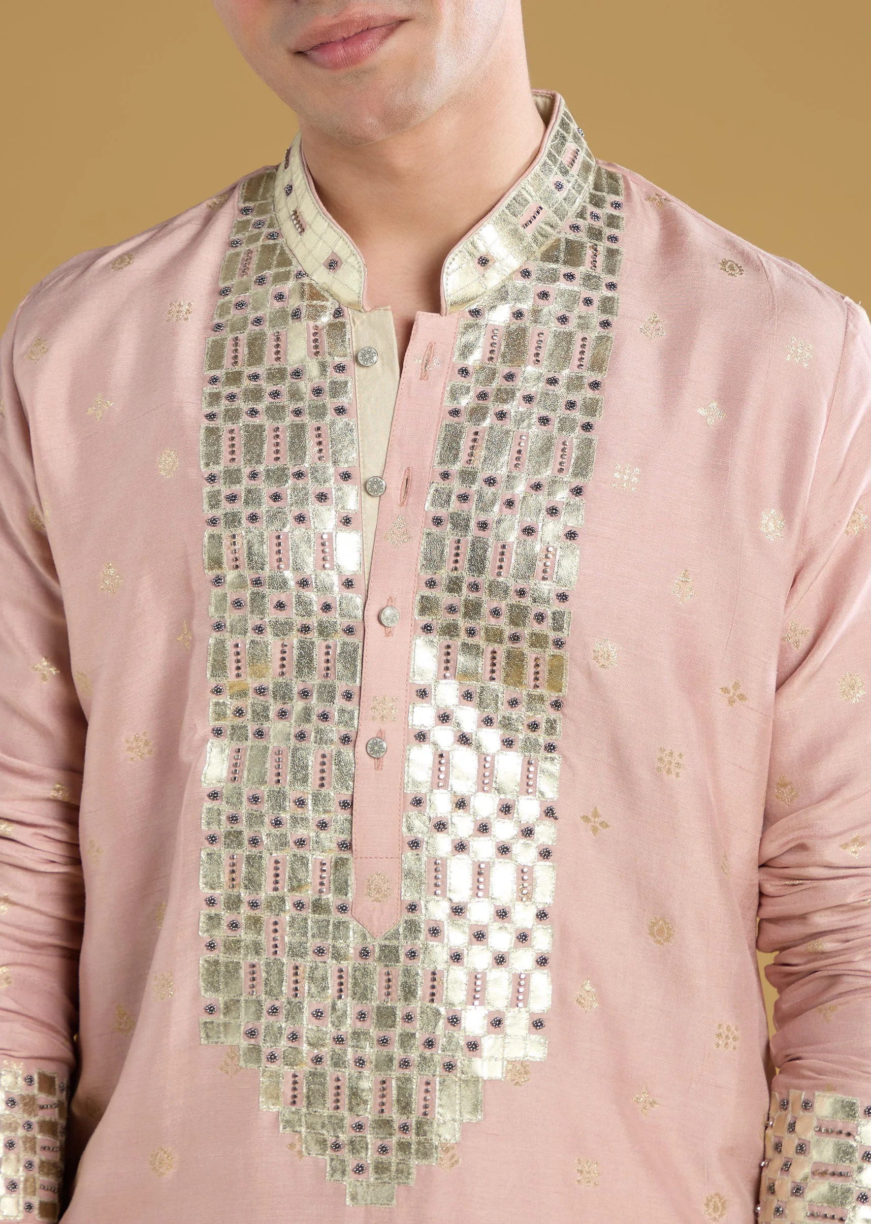 Powder Pink Mens Kurta Set With Beads Metal Leather And Zari Work - Image 2