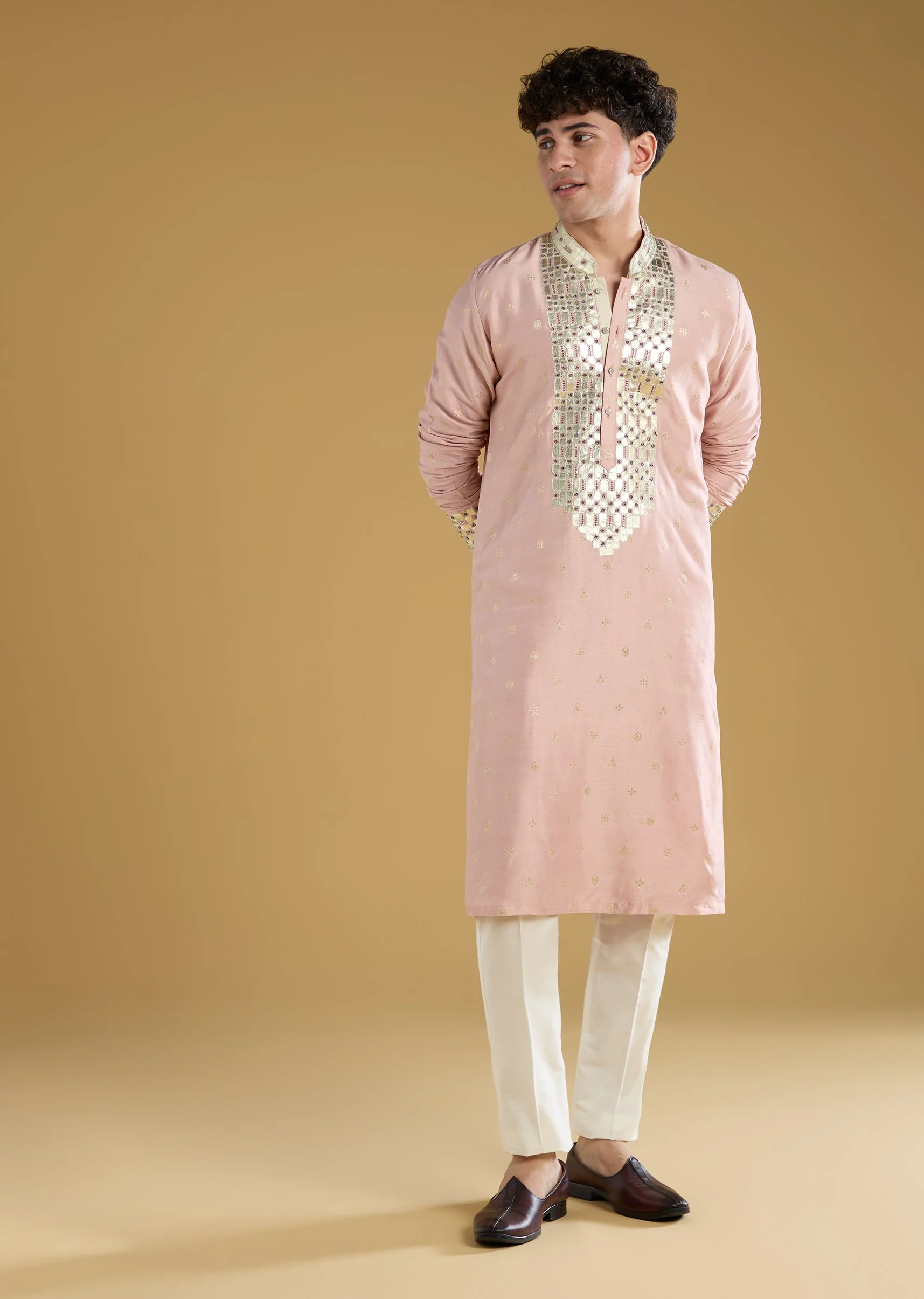Powder Pink Mens Kurta Set With Beads Metal Leather And Zari Work - Image 3