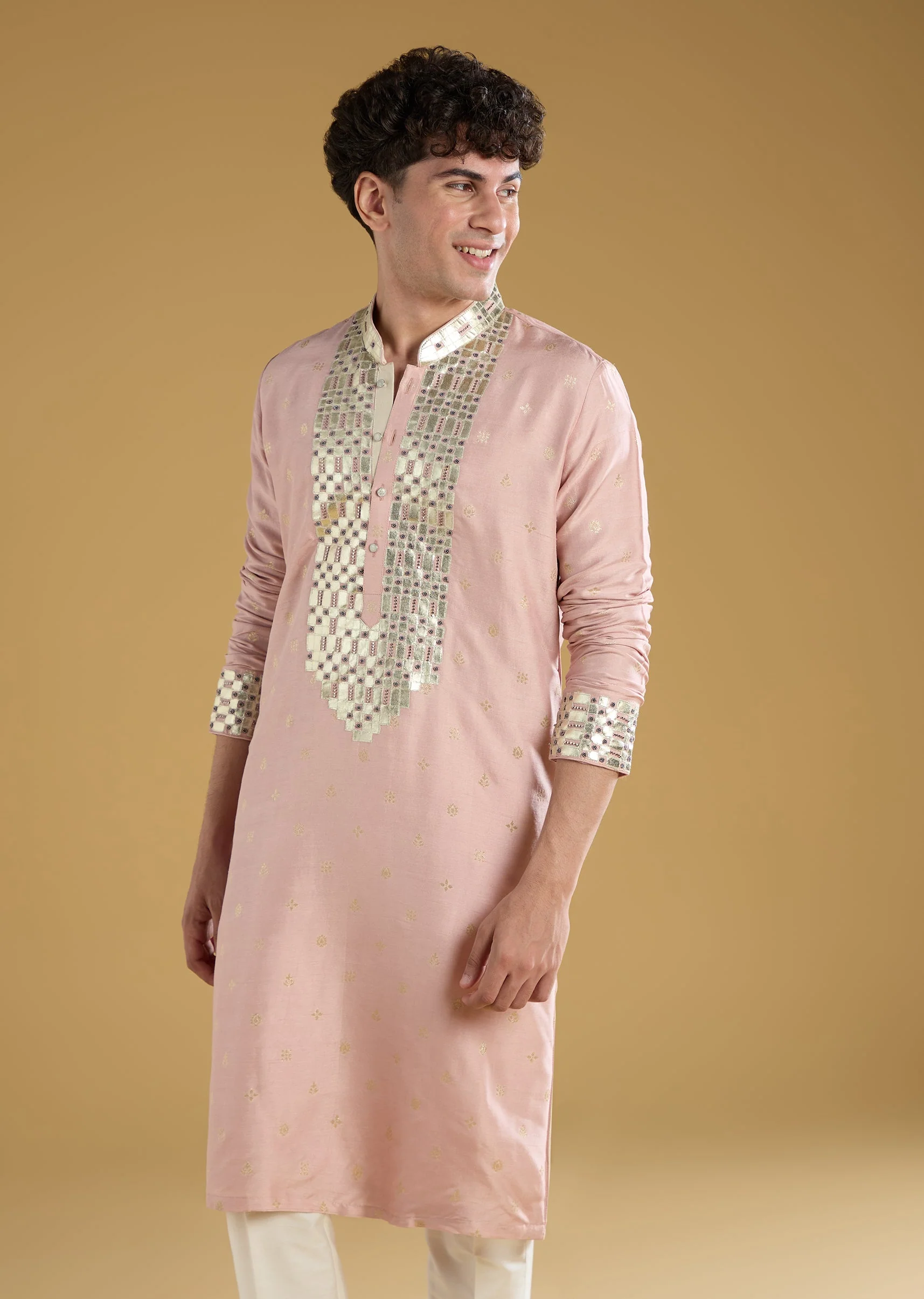 Powder Pink Mens Kurta Set With Beads Metal Leather And Zari Work - Image 4